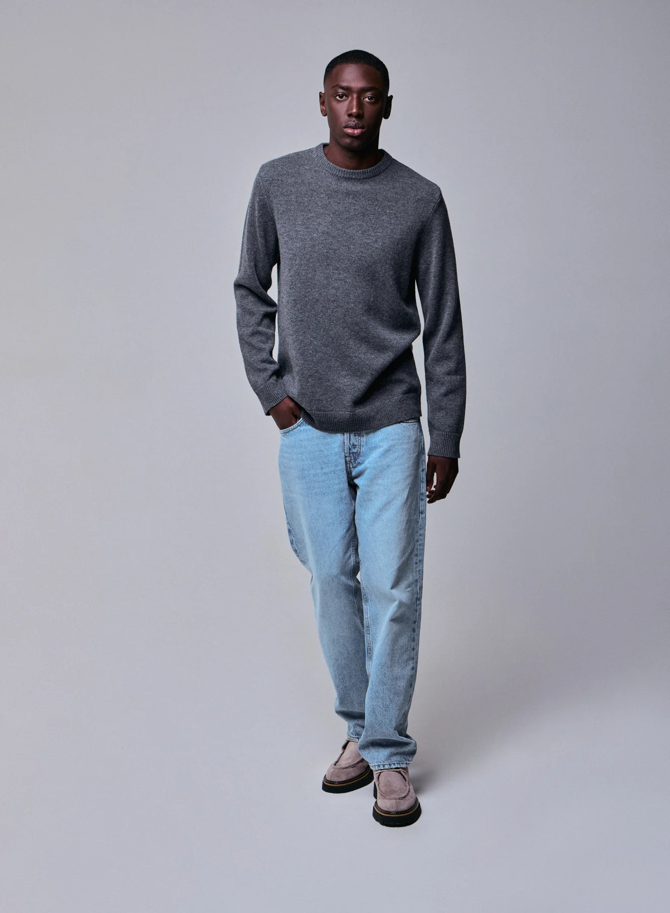 Pull Gris Col Rond Manches Longues en Laine merinos - Image 2