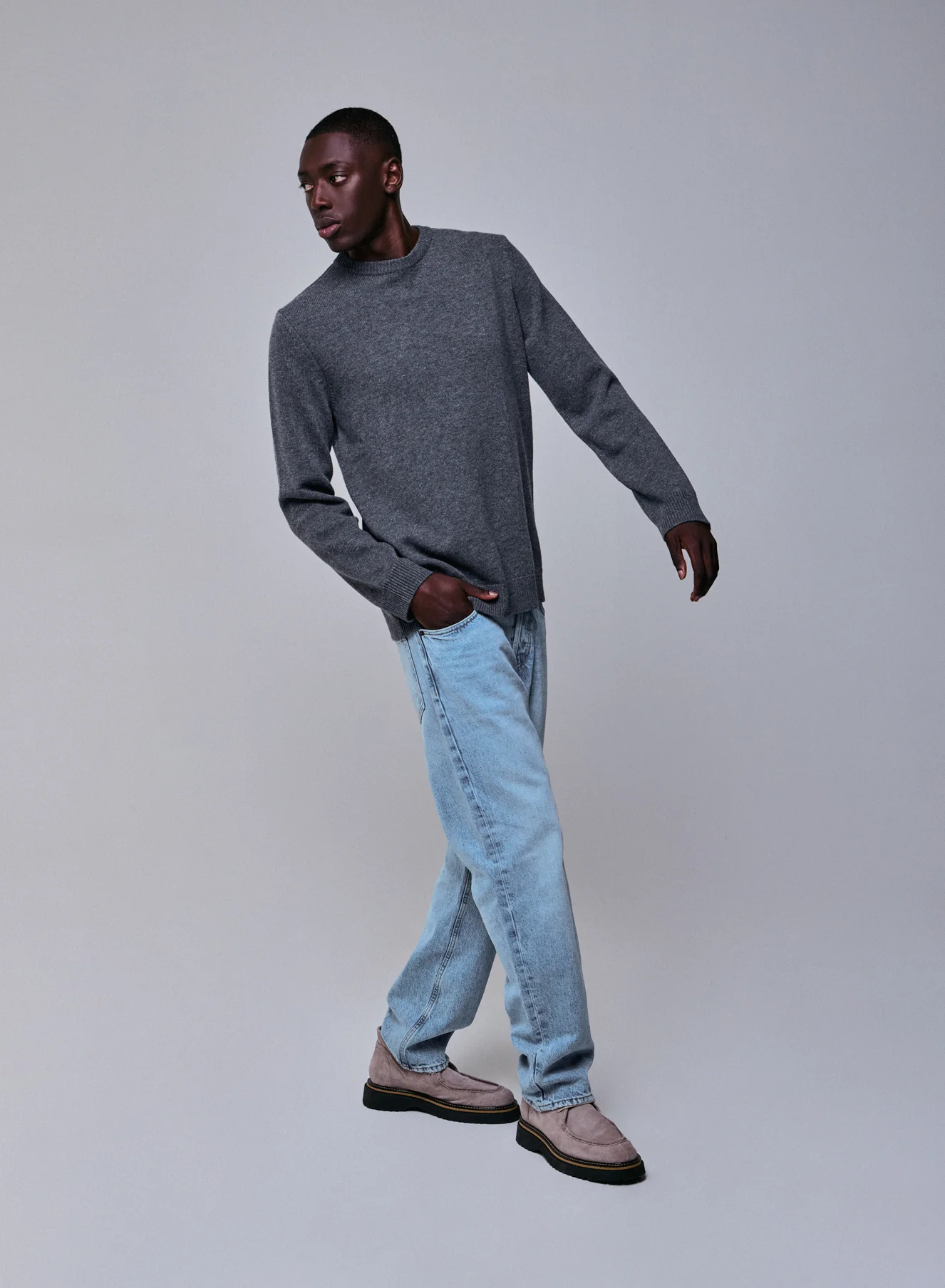 Pull Gris Col Rond Manches Longues en Laine merinos - Image 3