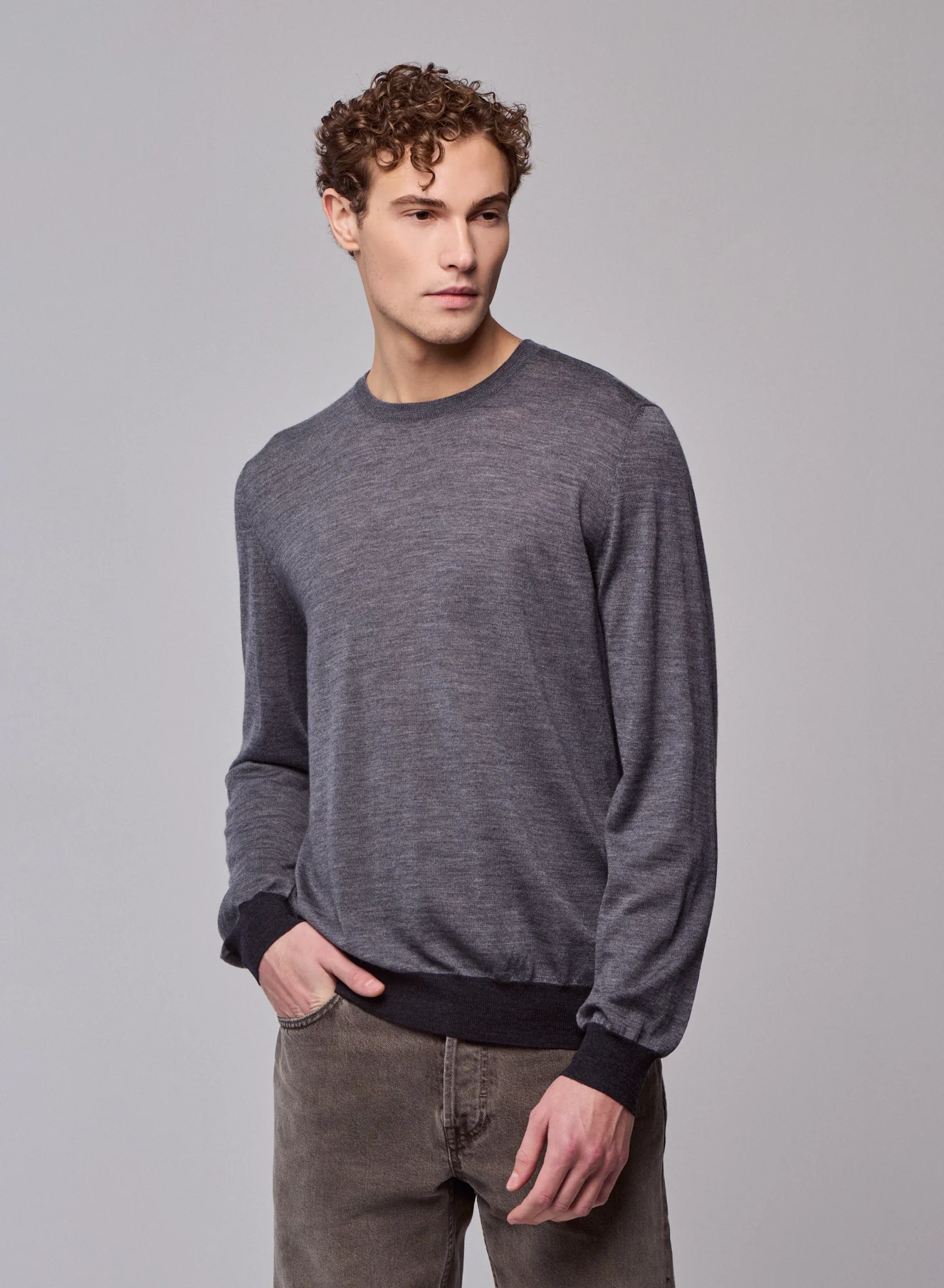 Pull Gris Col Rond Manches Longues en Laine merinos