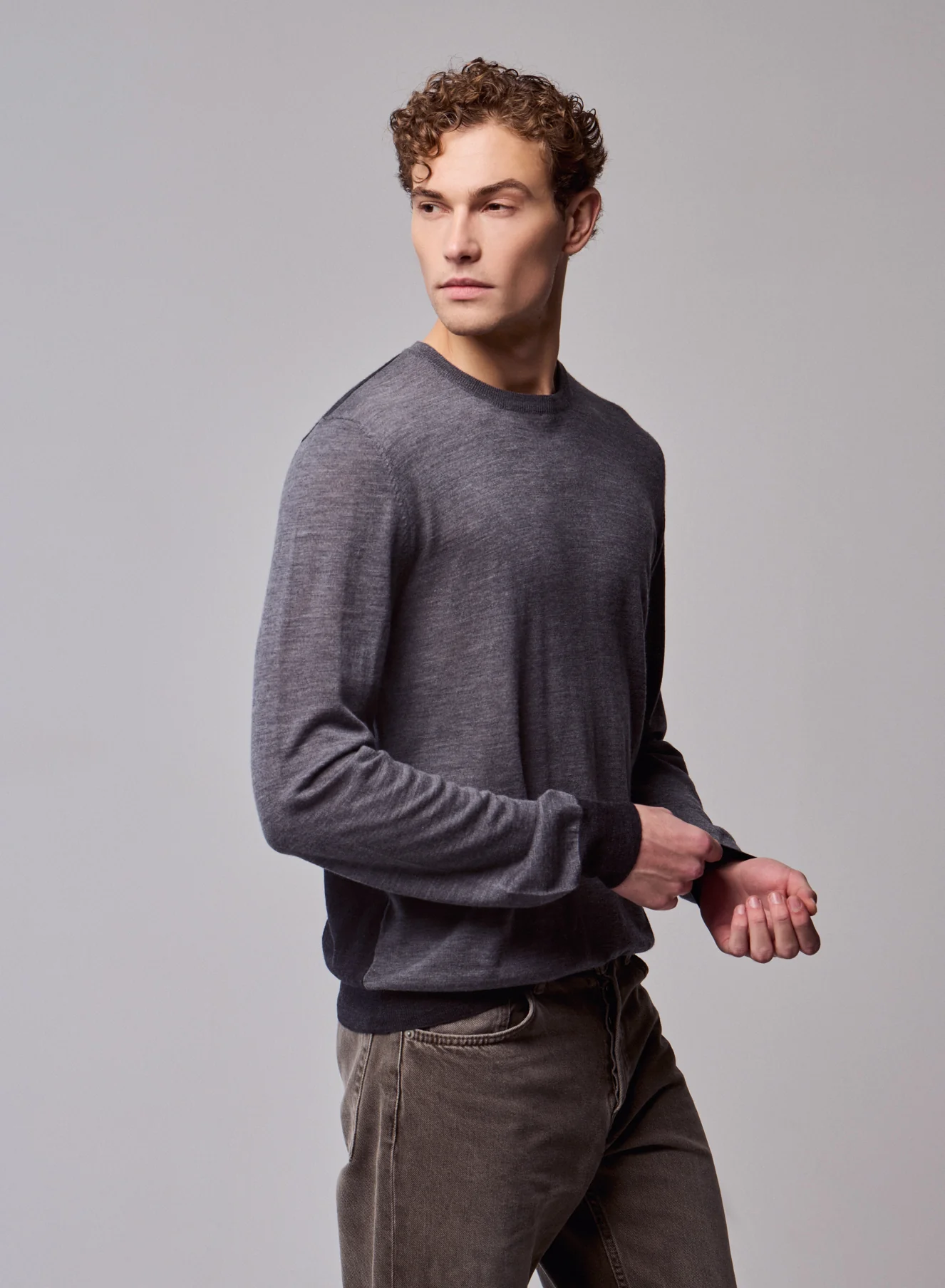 Pull Gris Col Rond Manches Longues en Laine merinos - Image 2
