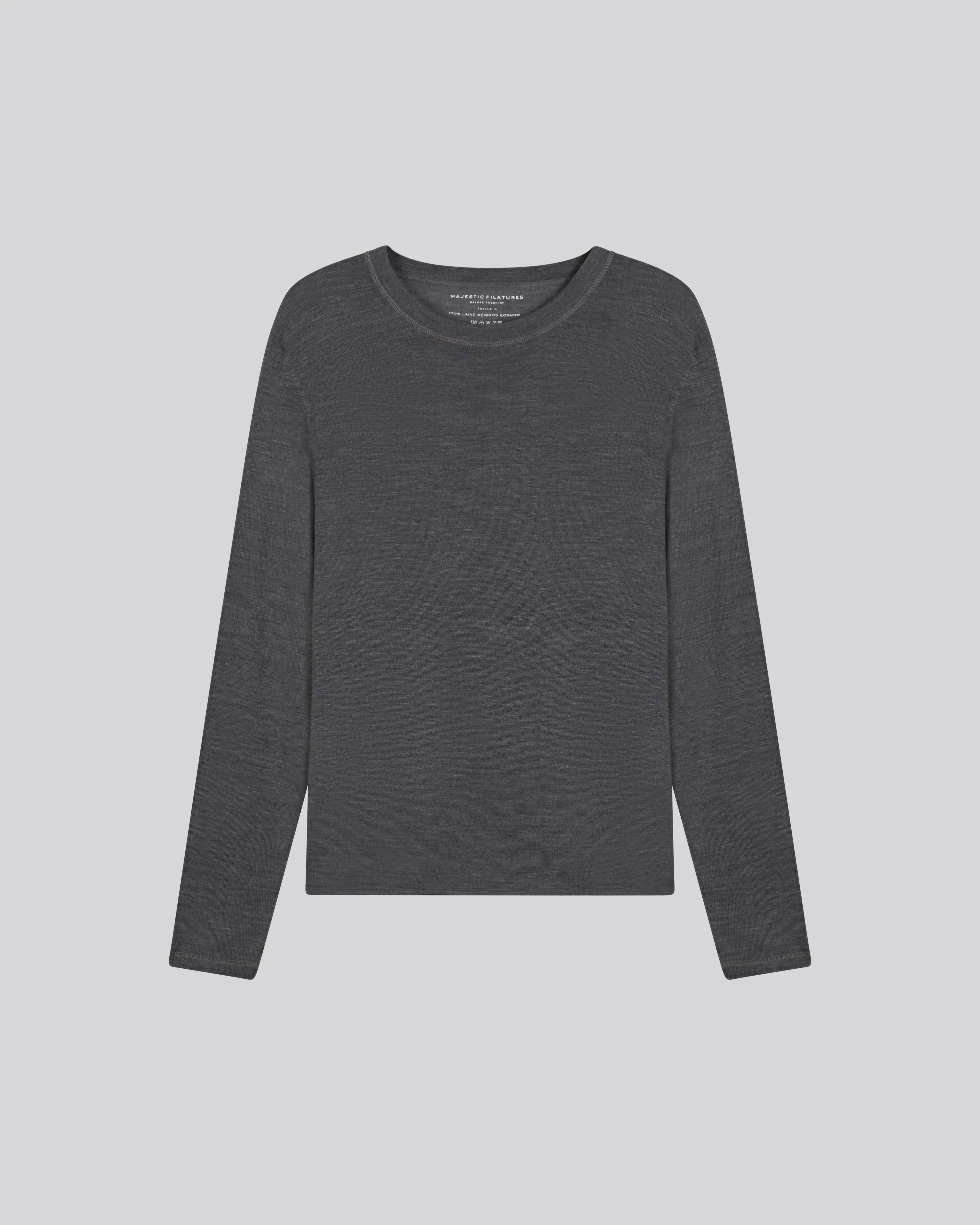 Pull Gris Col Rond Manches Longues en Laine merinos
