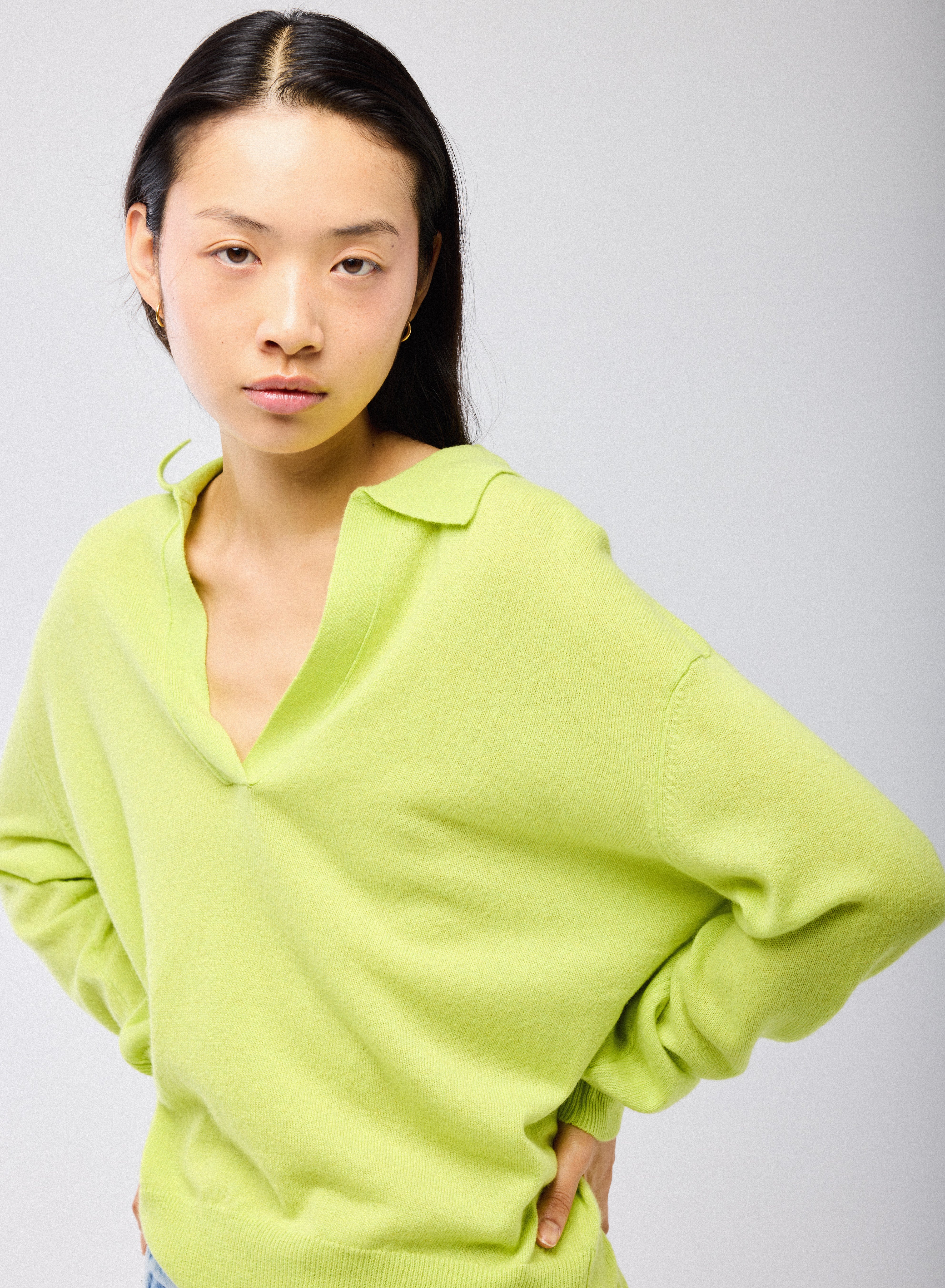 Pull Jaune Col Polo Manches Longues en Cachemire