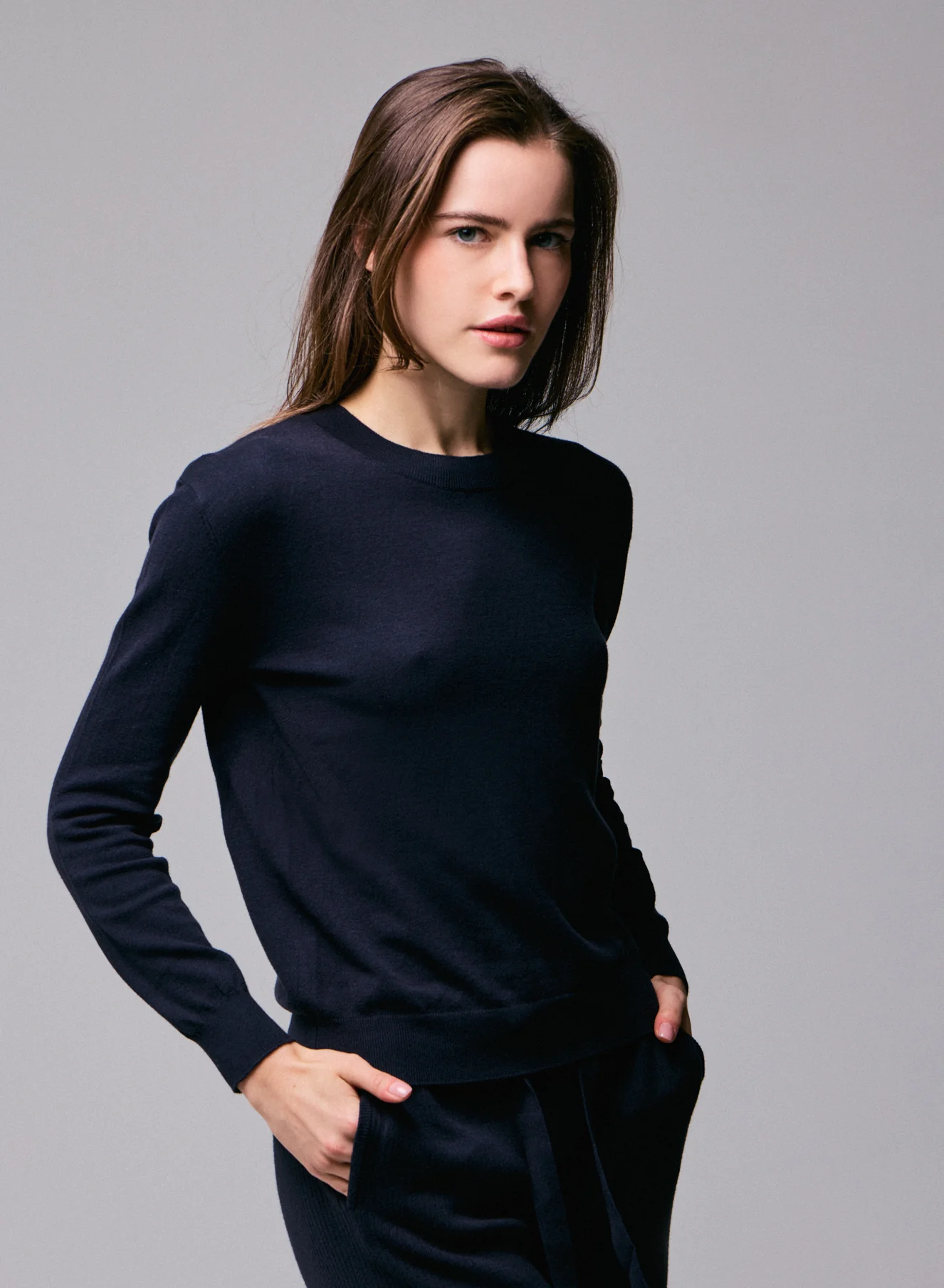 Pull Marine Col Rond Manches Longues en Coton organique / Elasthanne