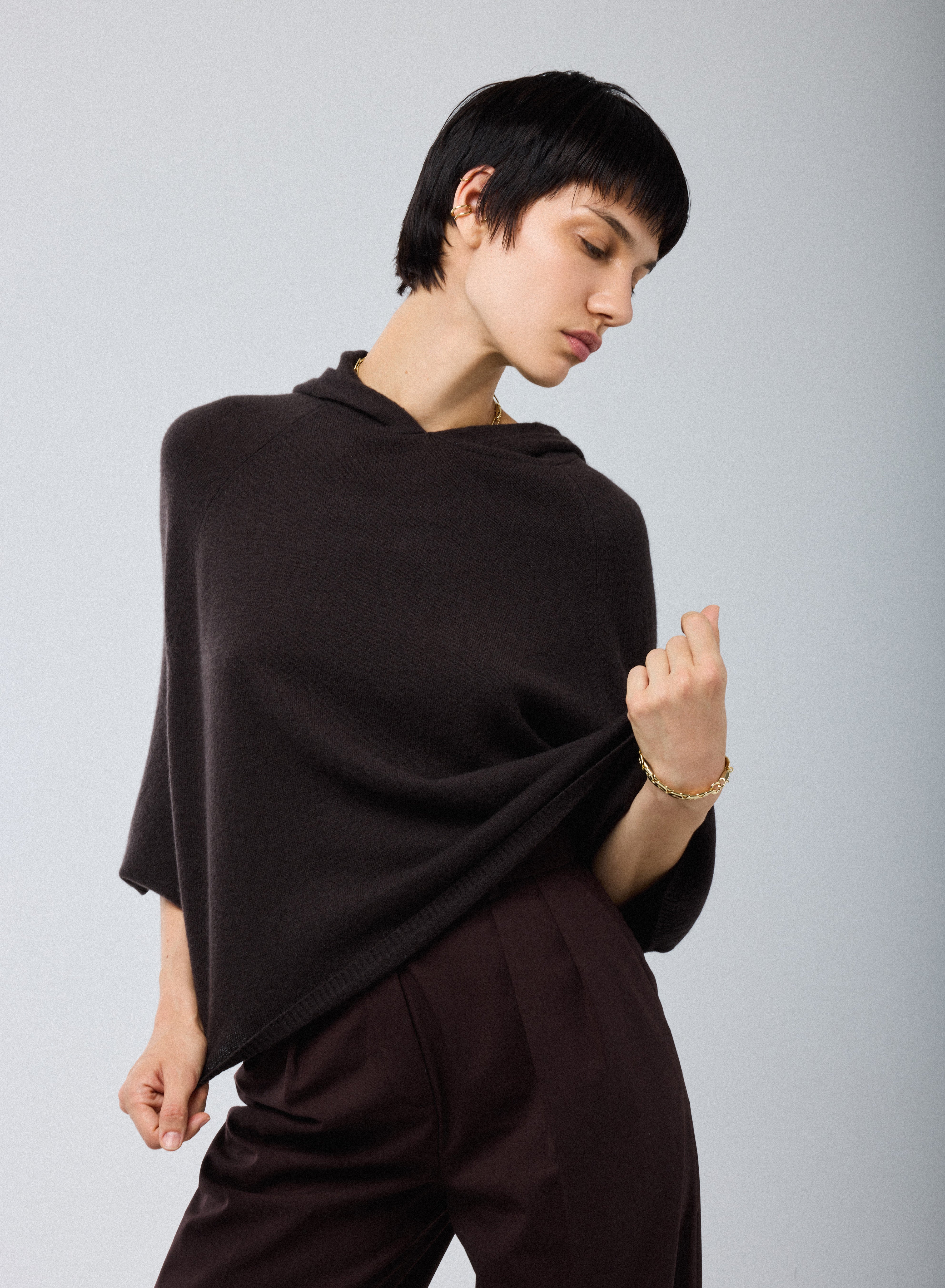 Pull Marron Capuche Manches 3/4 en Cachemire