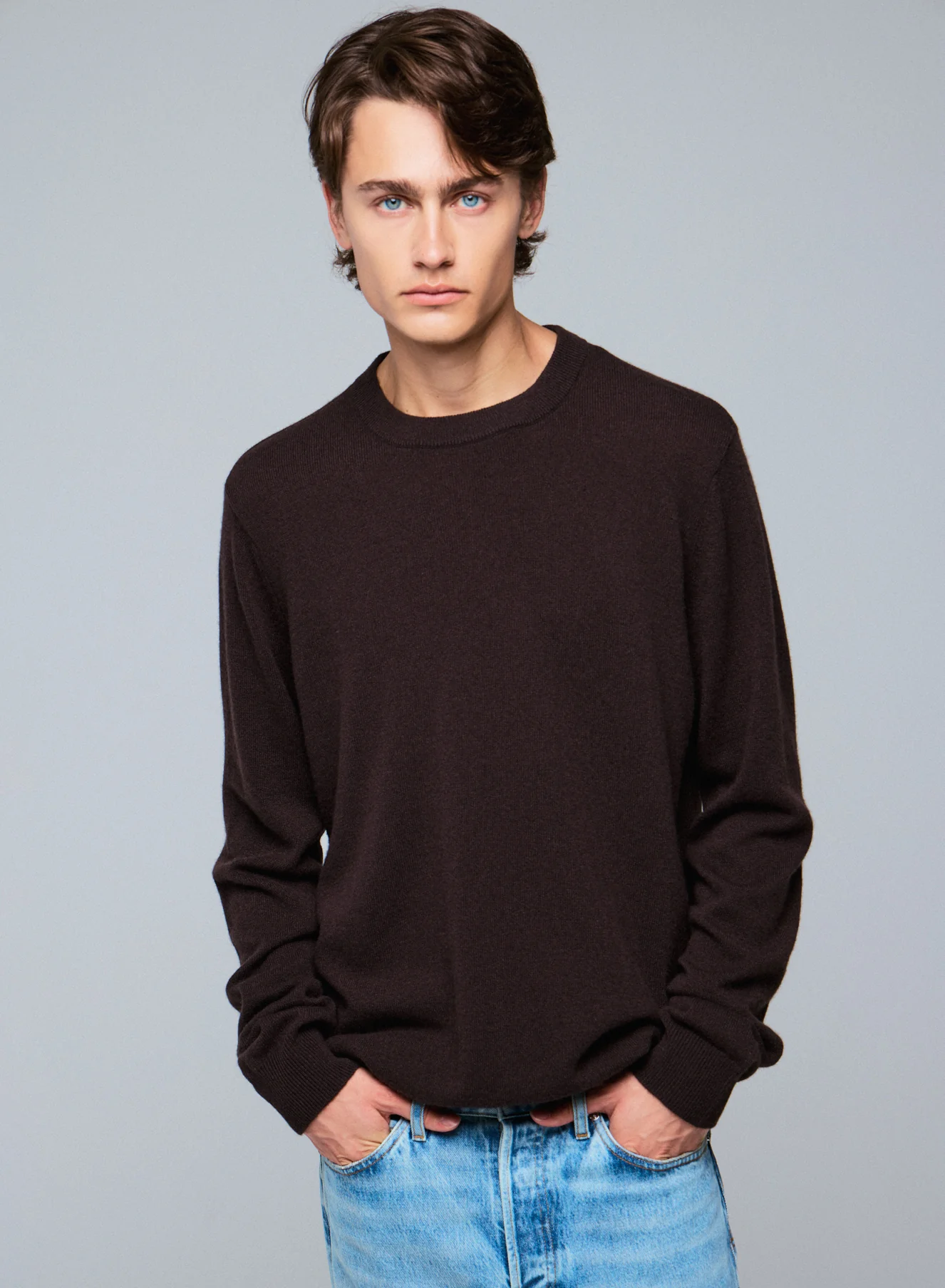 Pull Marron Col Rond Manches Longues en Cachemire