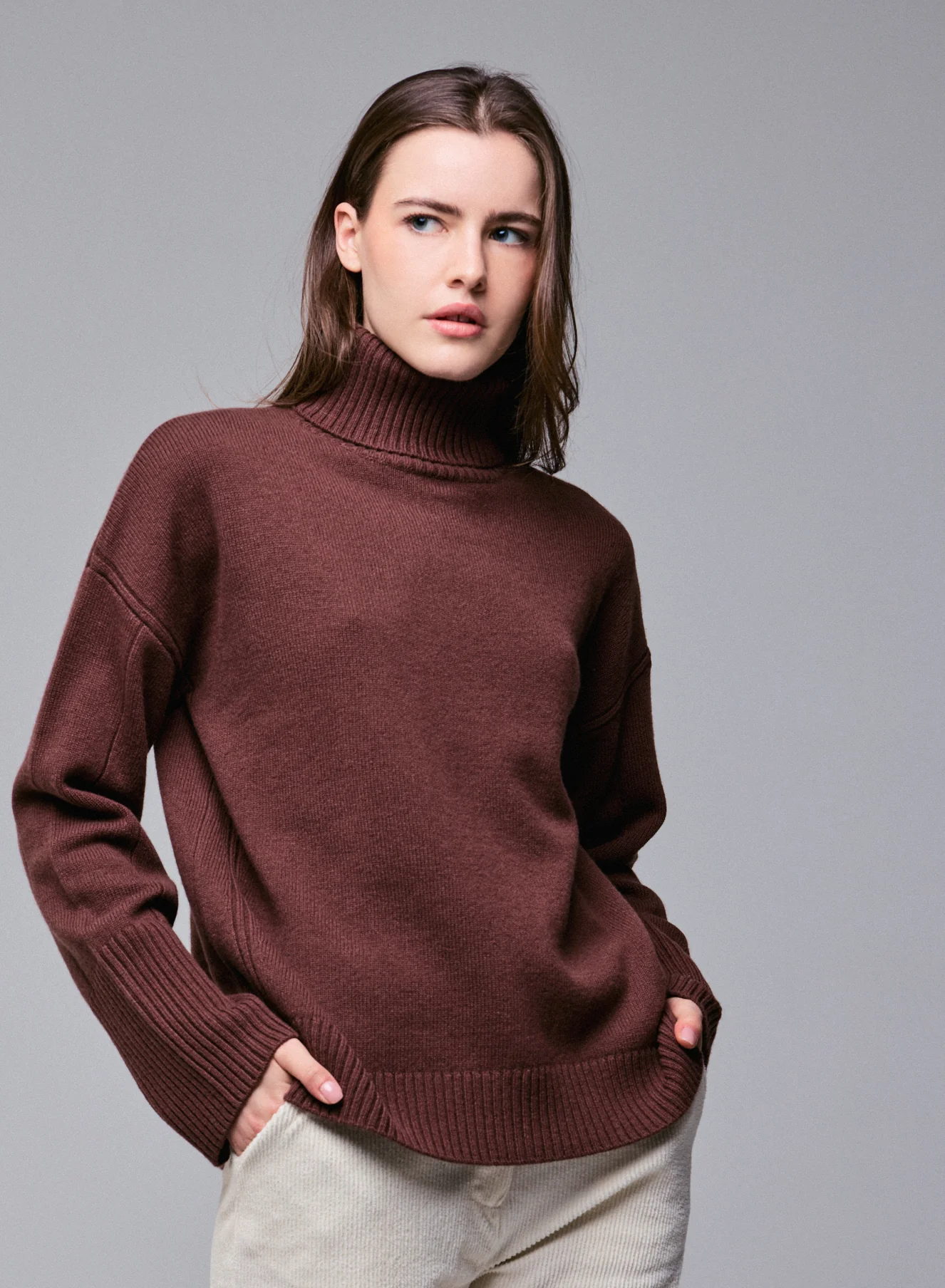Pull Marron Col Roulé Manches Longues en Laine merinos