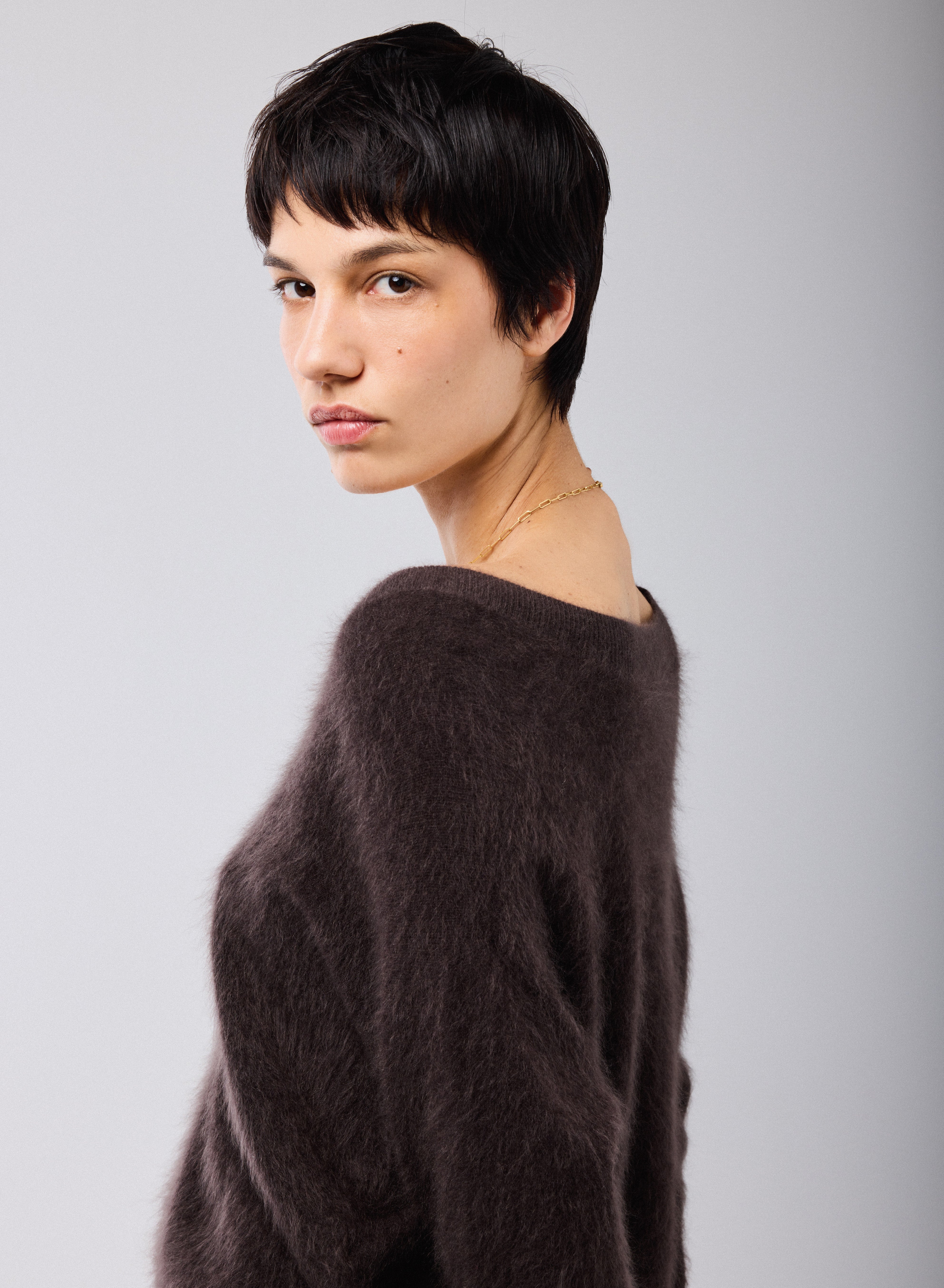 Pull Marron Col V Manches Longues en Laine / Cachemire - Image 3
