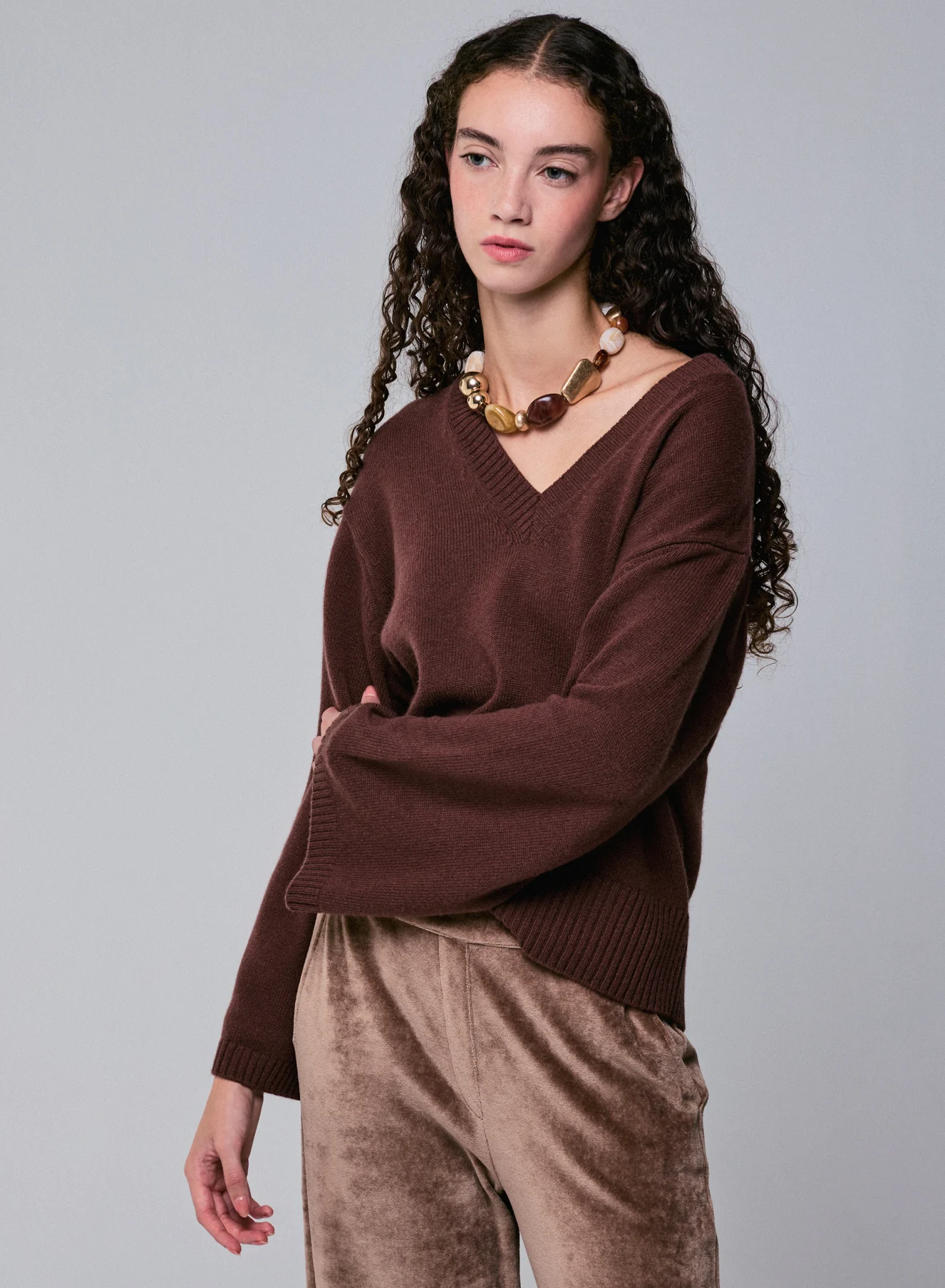 Pull Marron Col V Manches Longues en Laine merinos - Image 2