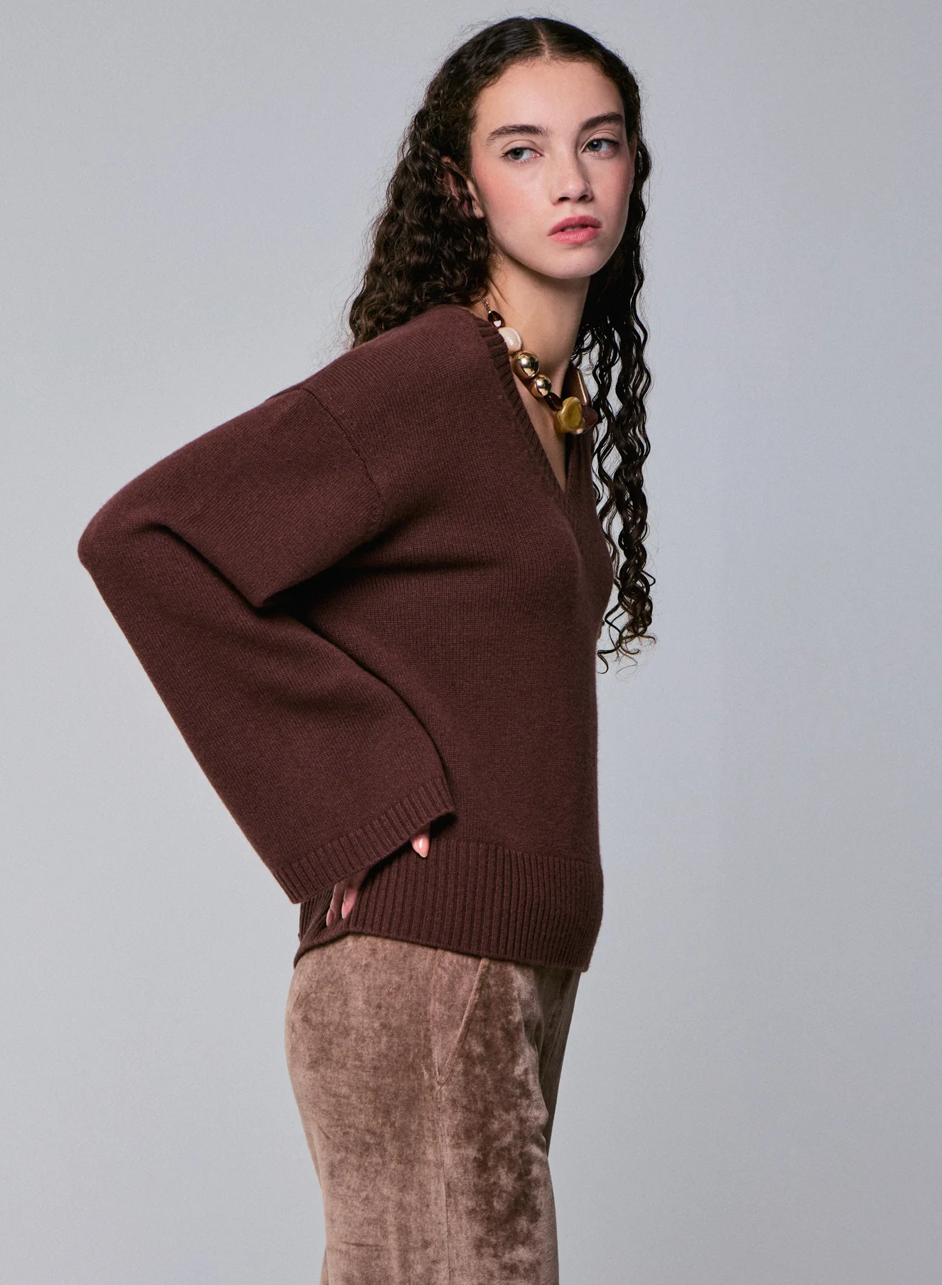 Pull Marron Col V Manches Longues en Laine merinos - Image 3
