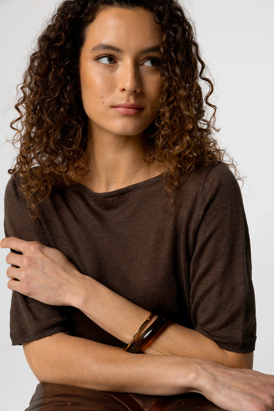 Pull Marron Foncé Col Rond Manches Courtes en Lin - Image 6