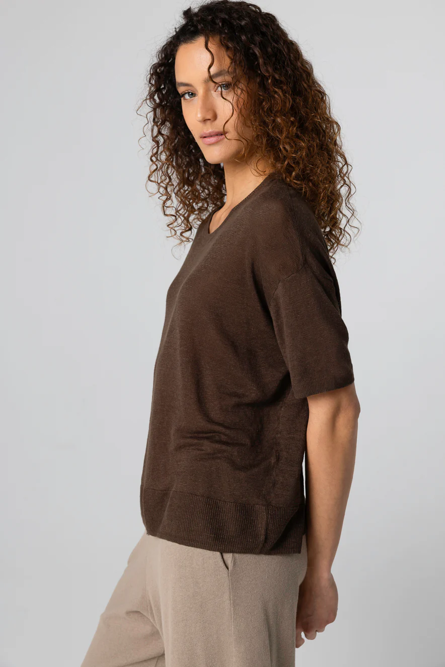 Pull Marron Foncé Col Rond Manches Courtes en Lin - Image 3