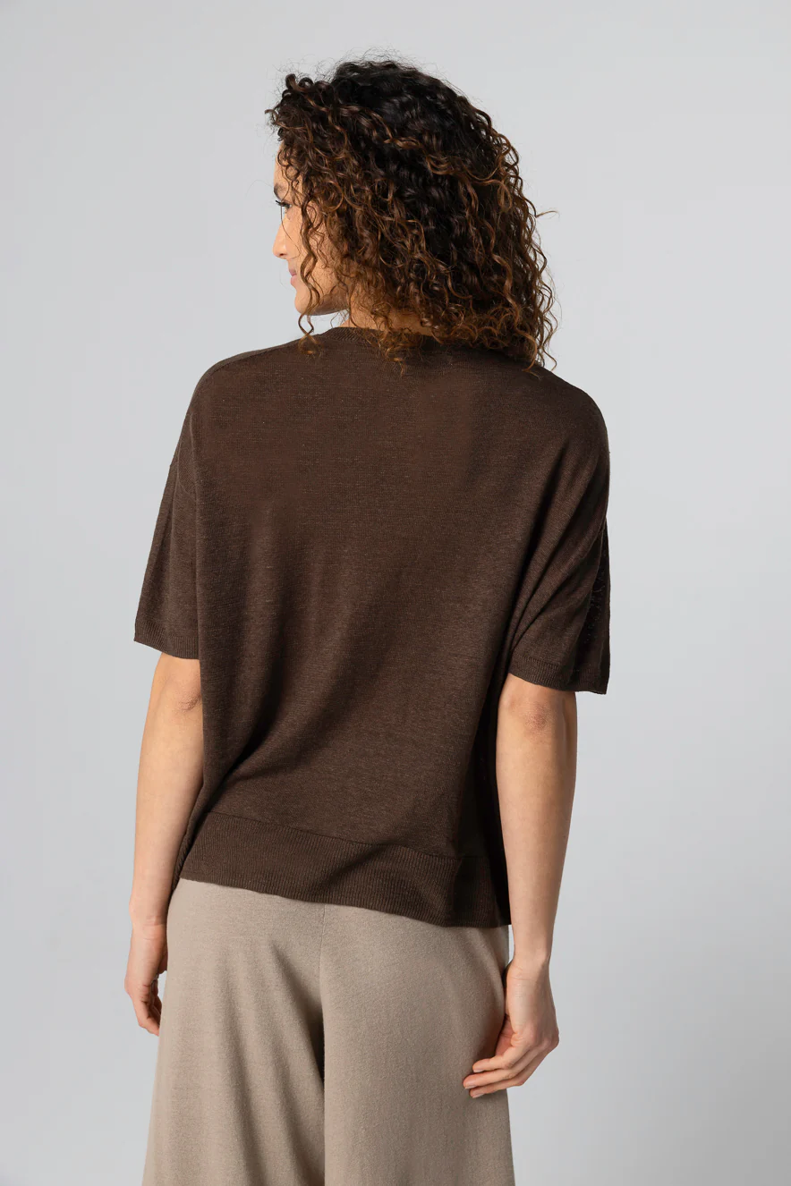 Pull Marron Foncé Col Rond Manches Courtes en Lin - Image 4