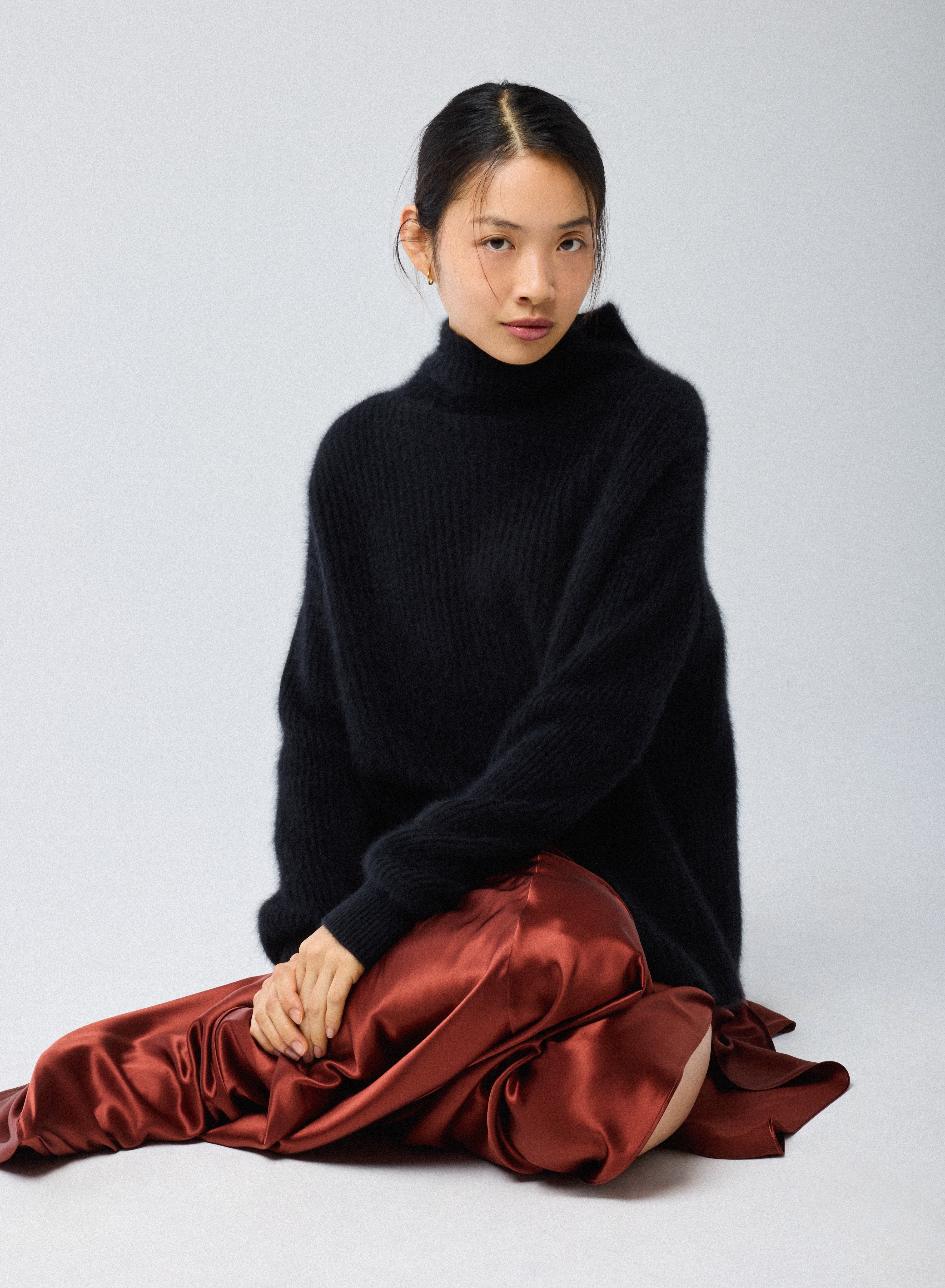 Pull Noir Col Roulé Manches Longues en Laine / Fox / Polyamide