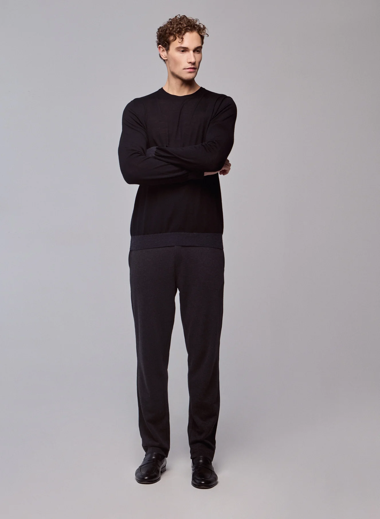 Pull Noir / Gris Col Rond Manches Longues en Laine merinos - Image 5