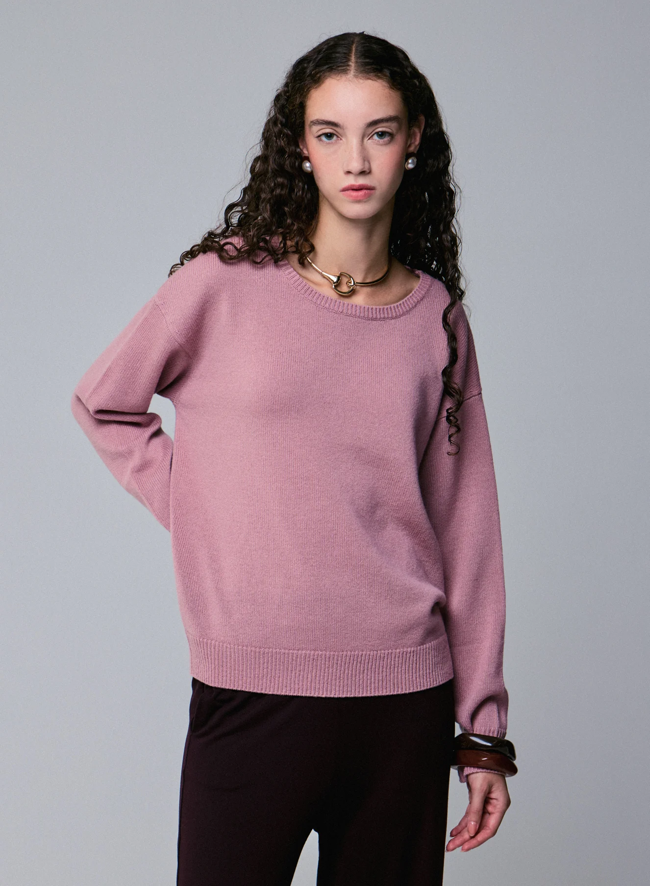 Pull Rose Col Rond Manches Longues en Laine merinos