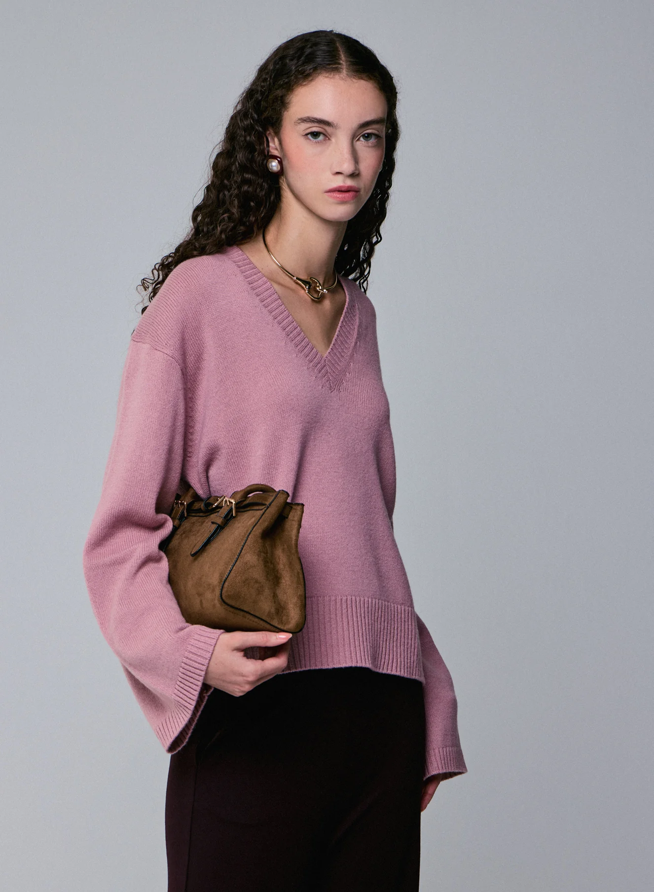 Pull Rose Col V Manches Longues en Laine merinos - Image 2
