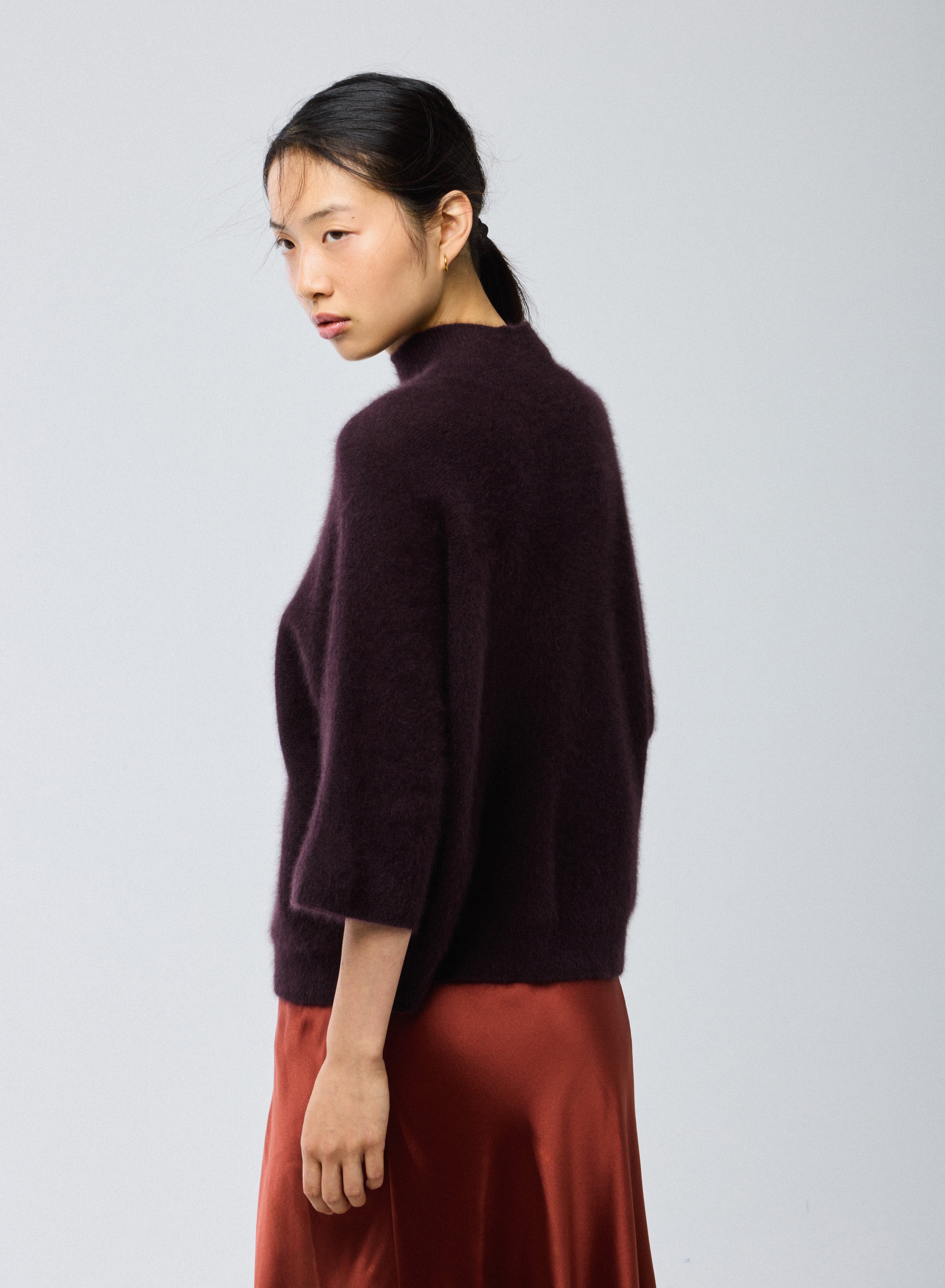 Pull Aubergine Col Roulé Manches Kimono en Raccoon / Polyamide - Image 4