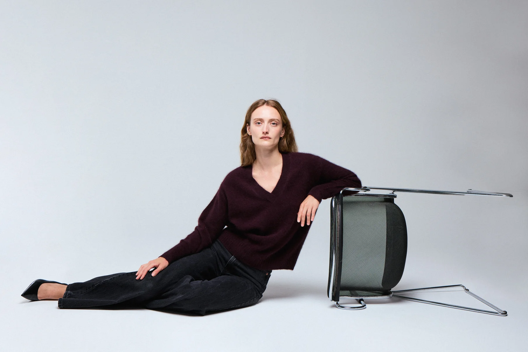 Pull Aubergine Col V Manches Longues en Raccon wool / Polyamide - Image 5