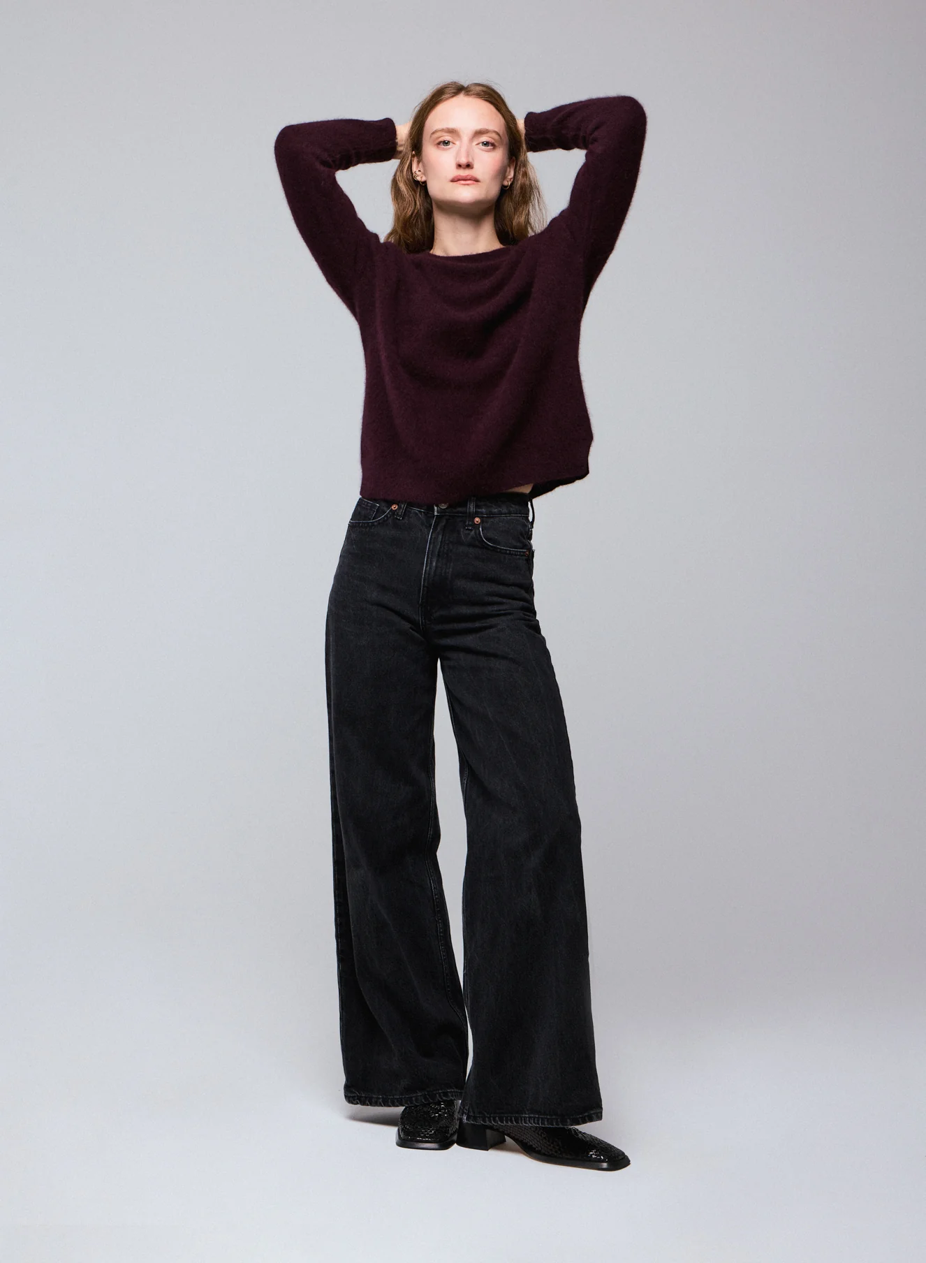Pull Aubergine Col V Manches Longues en Raccon wool / Polyamide - Image 6