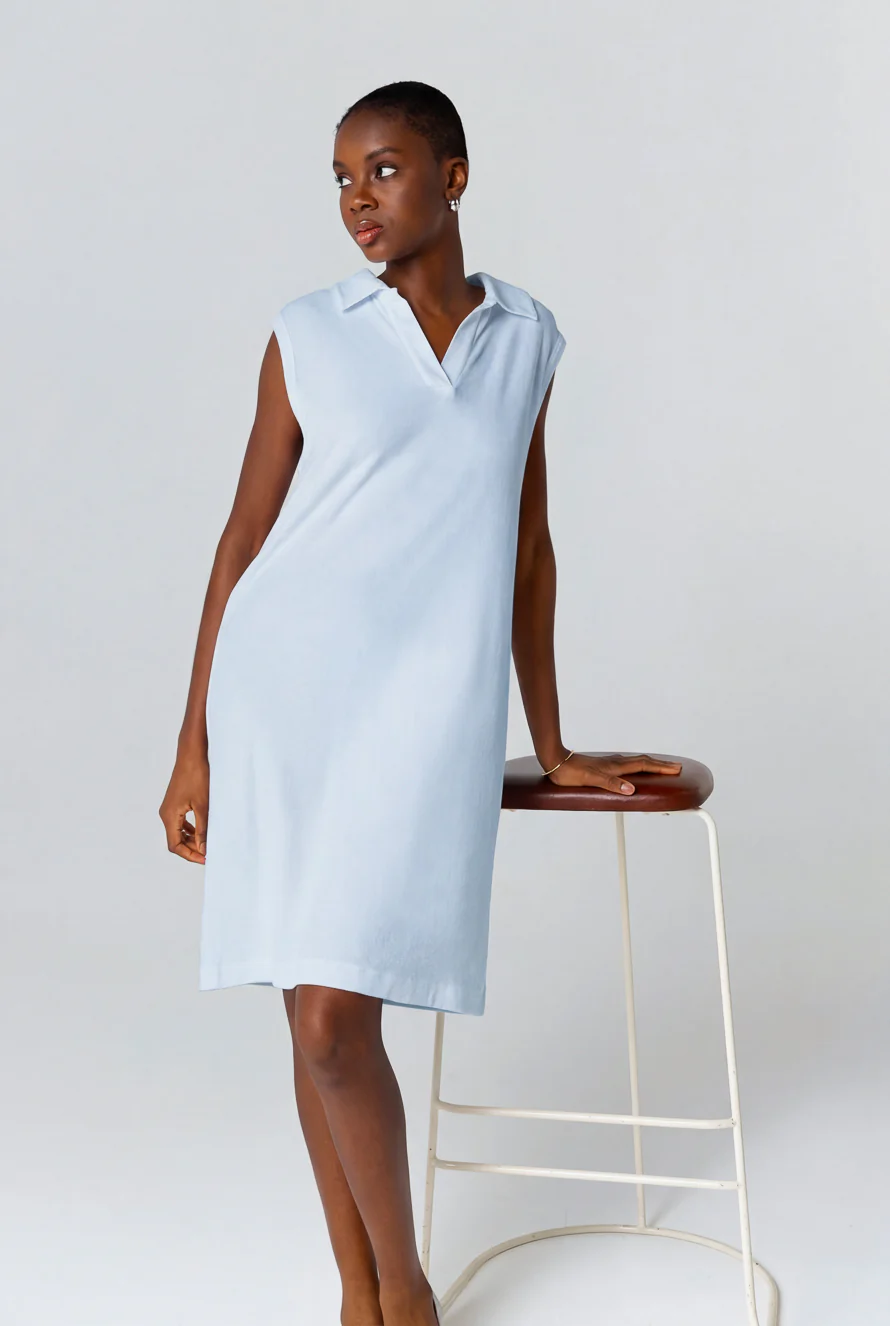 Robe Bleu Calanques Col Tunisien Sans Manches en Coton Organique / Polyamide