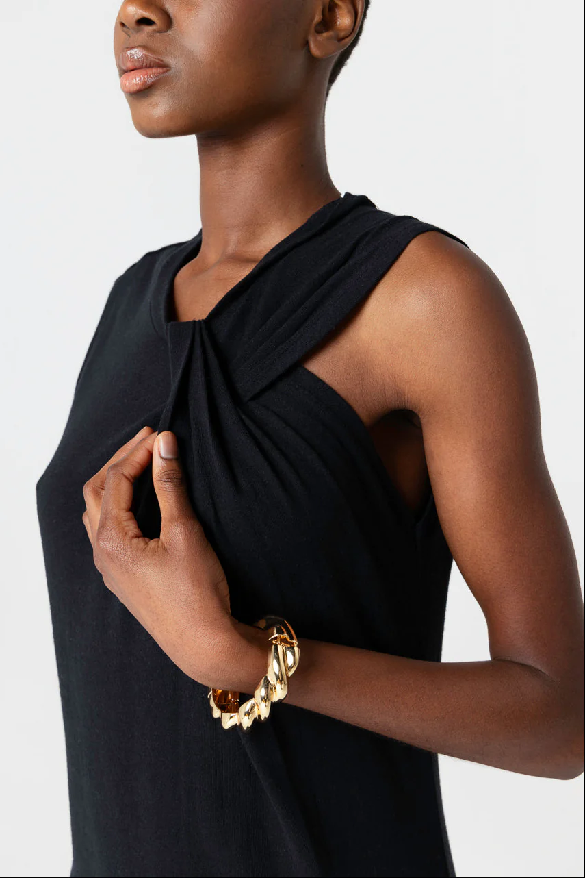 Robe Noir Col Noué Sans Manches en Coton / Lin - Image 3