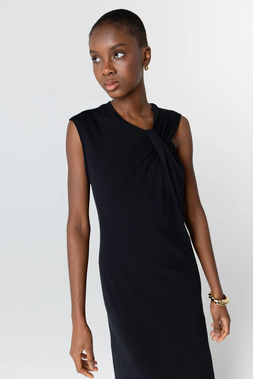 Robe Noir Col Noué Sans Manches en Coton / Lin - Image 4