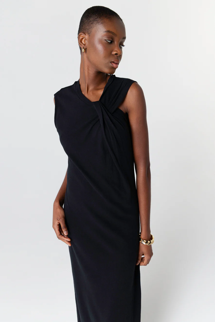 Robe Noir Col Noué Sans Manches en Coton / Lin - Image 5