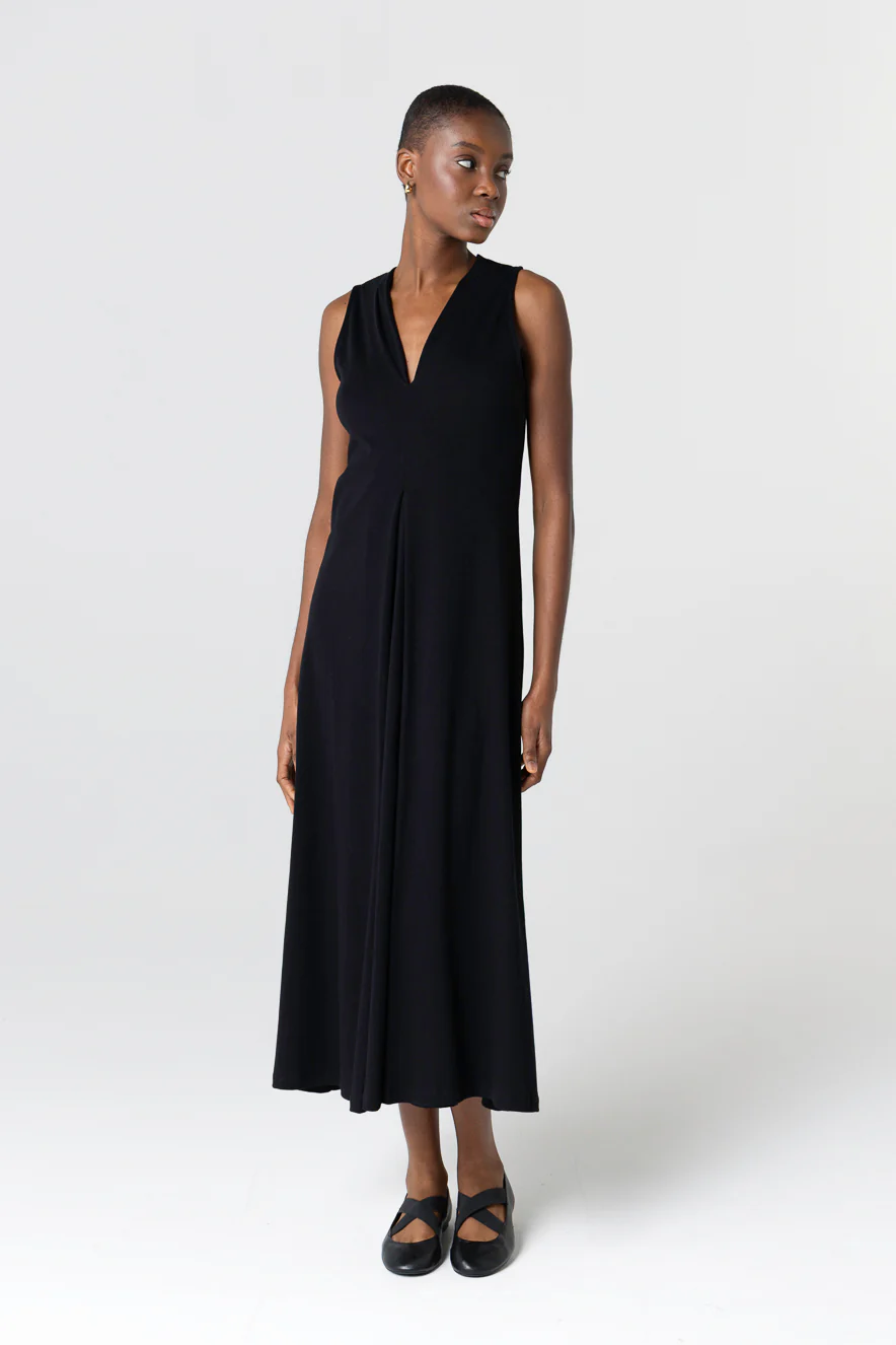 Robe Noire Col V Sans Manches en Coton Supima