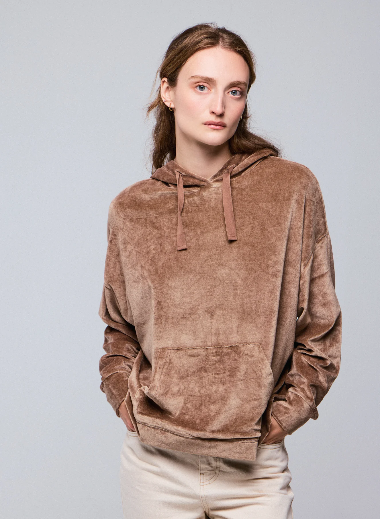 Sweat Beige Capuche Manches Longues en Coton / Modal / Elasthanne