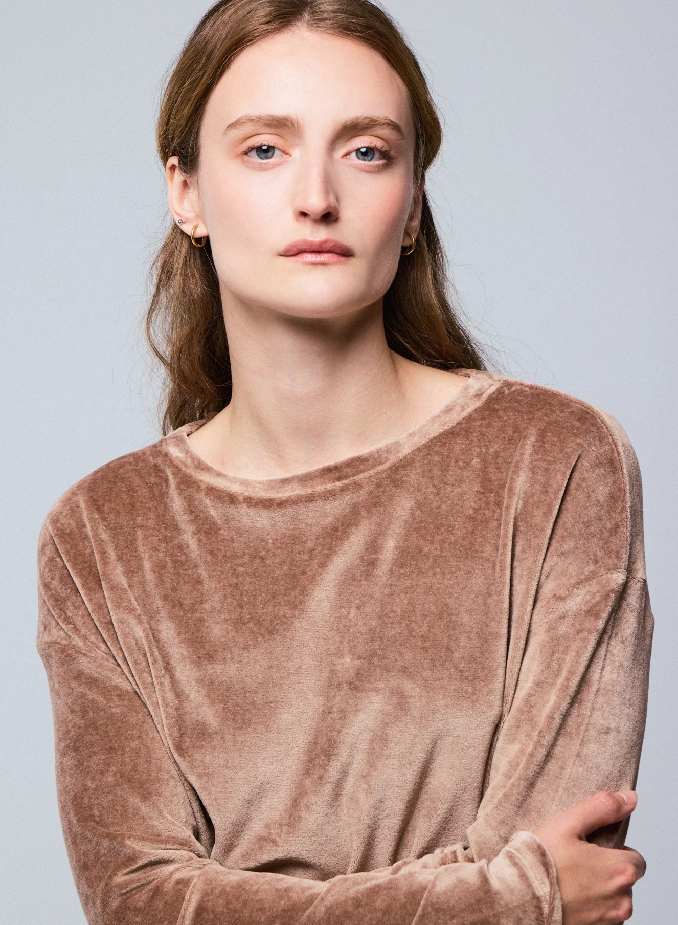 T-shirt Marron Col Bateau Manches Longues en Coton Organique / Modal / Elasthanne