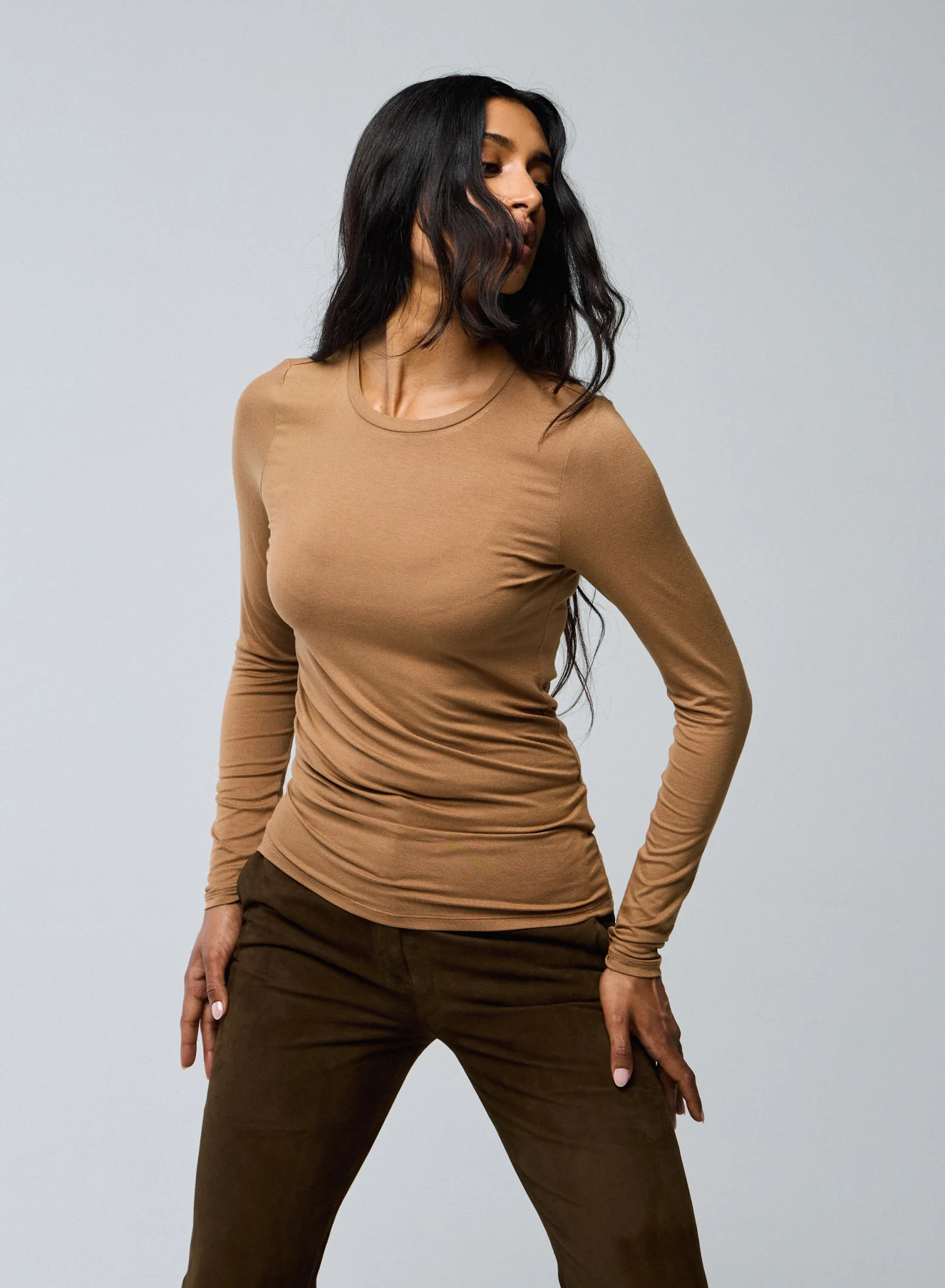 T-shirt Beige Col Rond Manches Longues en Viscose / Elasthanne - Image 3