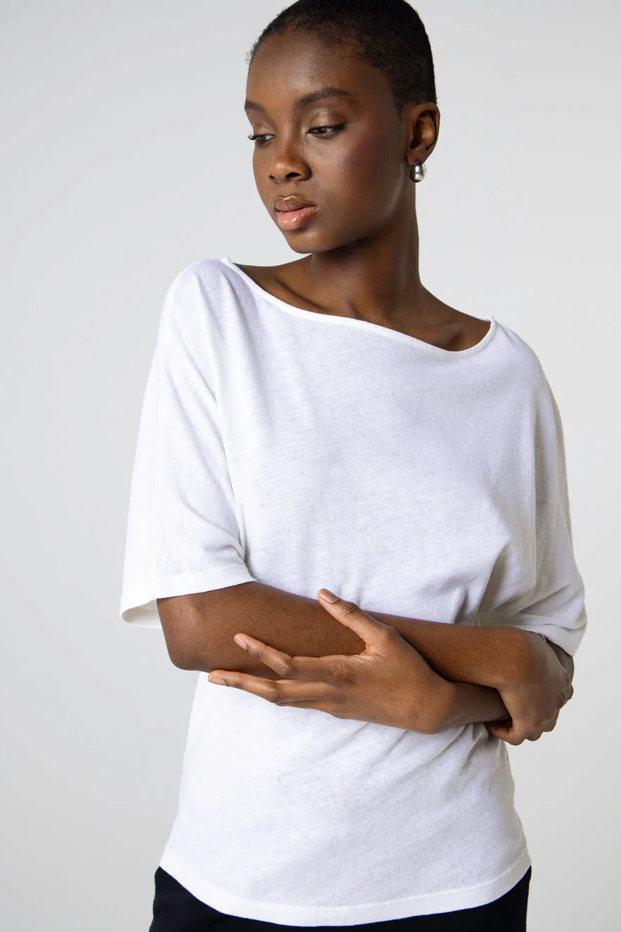 T-shirt Blanc Col Bateau Manches Courtes en Coton / Lin
