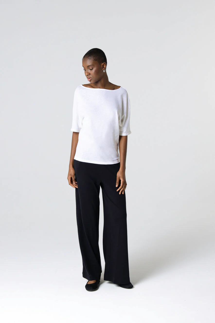 T-shirt Blanc Col Bateau Manches Courtes en Coton / Lin - Image 2