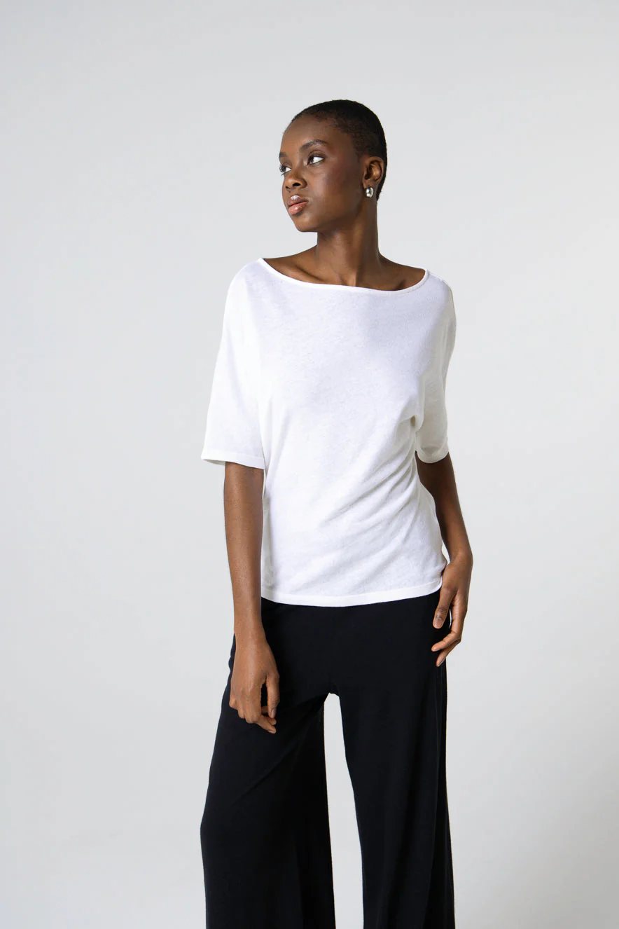 T-shirt Blanc Col Bateau Manches Courtes en Coton / Lin - Image 3