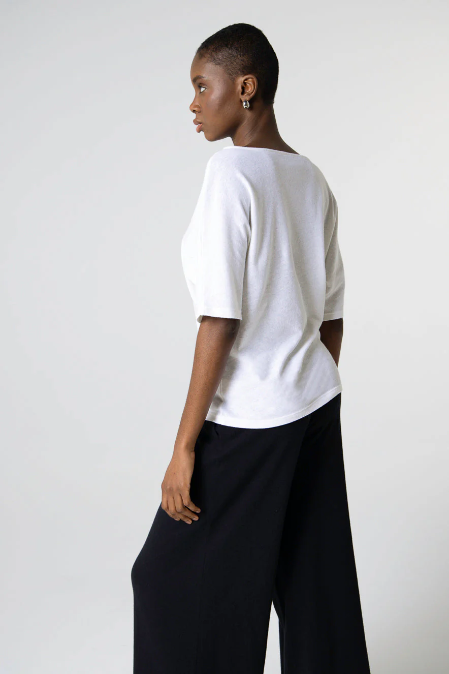 T-shirt Blanc Col Bateau Manches Courtes en Coton / Lin - Image 4