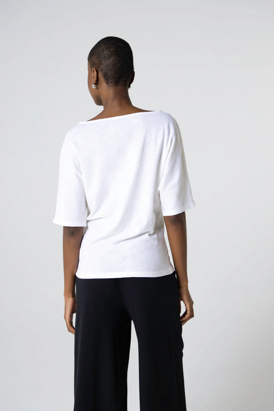 T-shirt Blanc Col Bateau Manches Courtes en Coton / Lin - Image 5