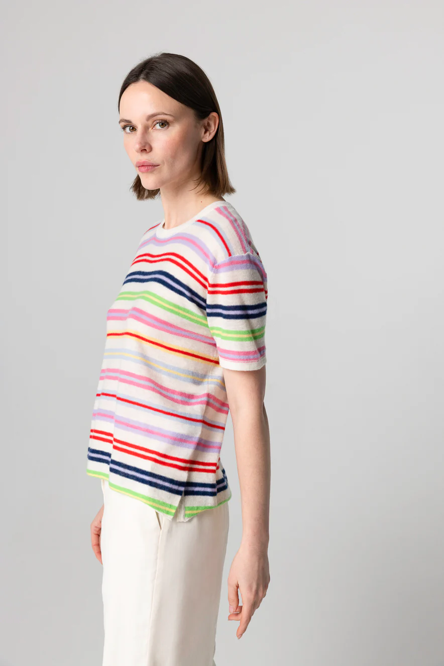 T-shirt Milk Rayé Col Rond Manches Courtes en Cachemire extrafine - Image 3