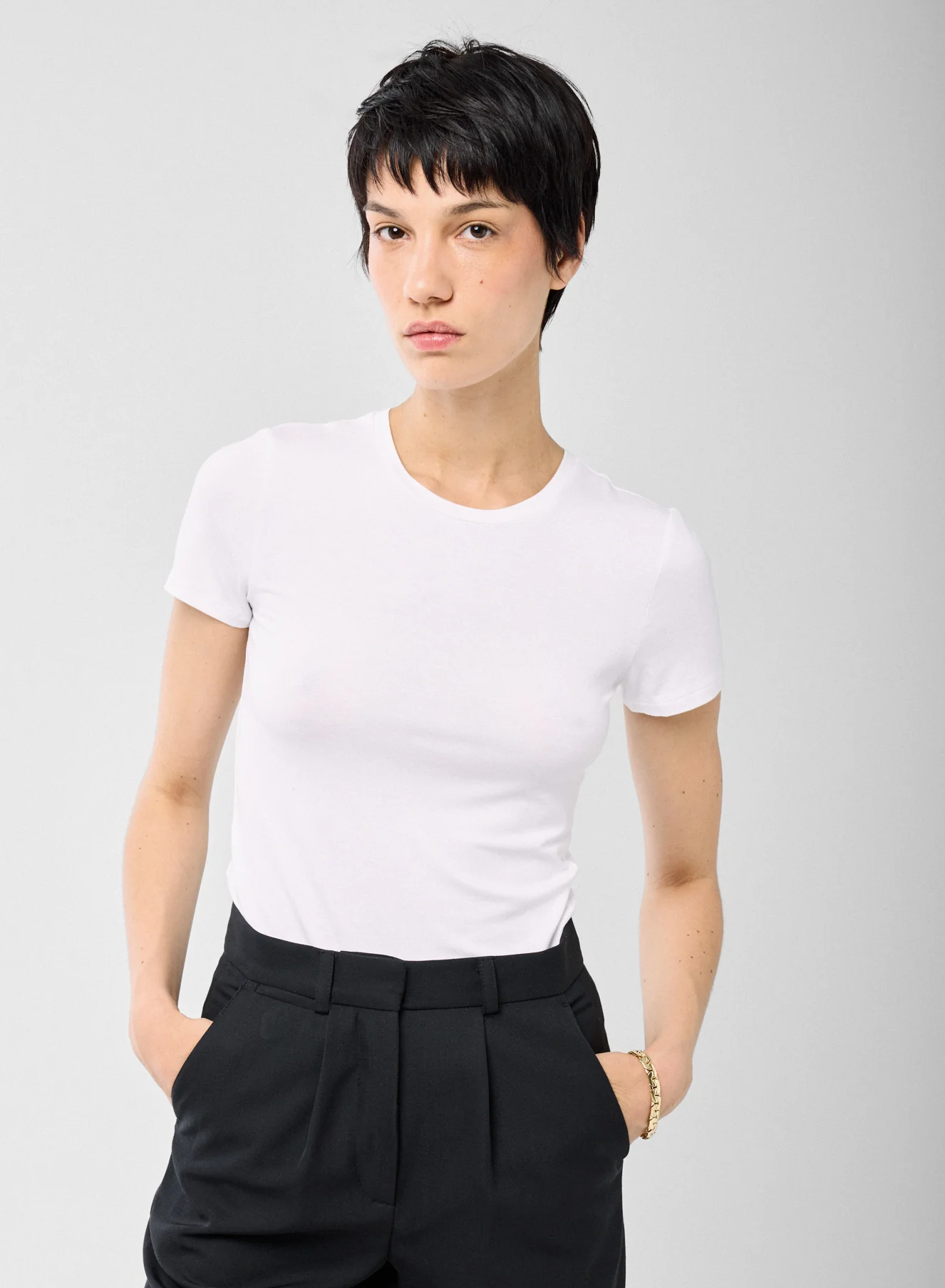 T-shirt Blanc Col Rond Manches Courtes en Viscose / Élasthanne