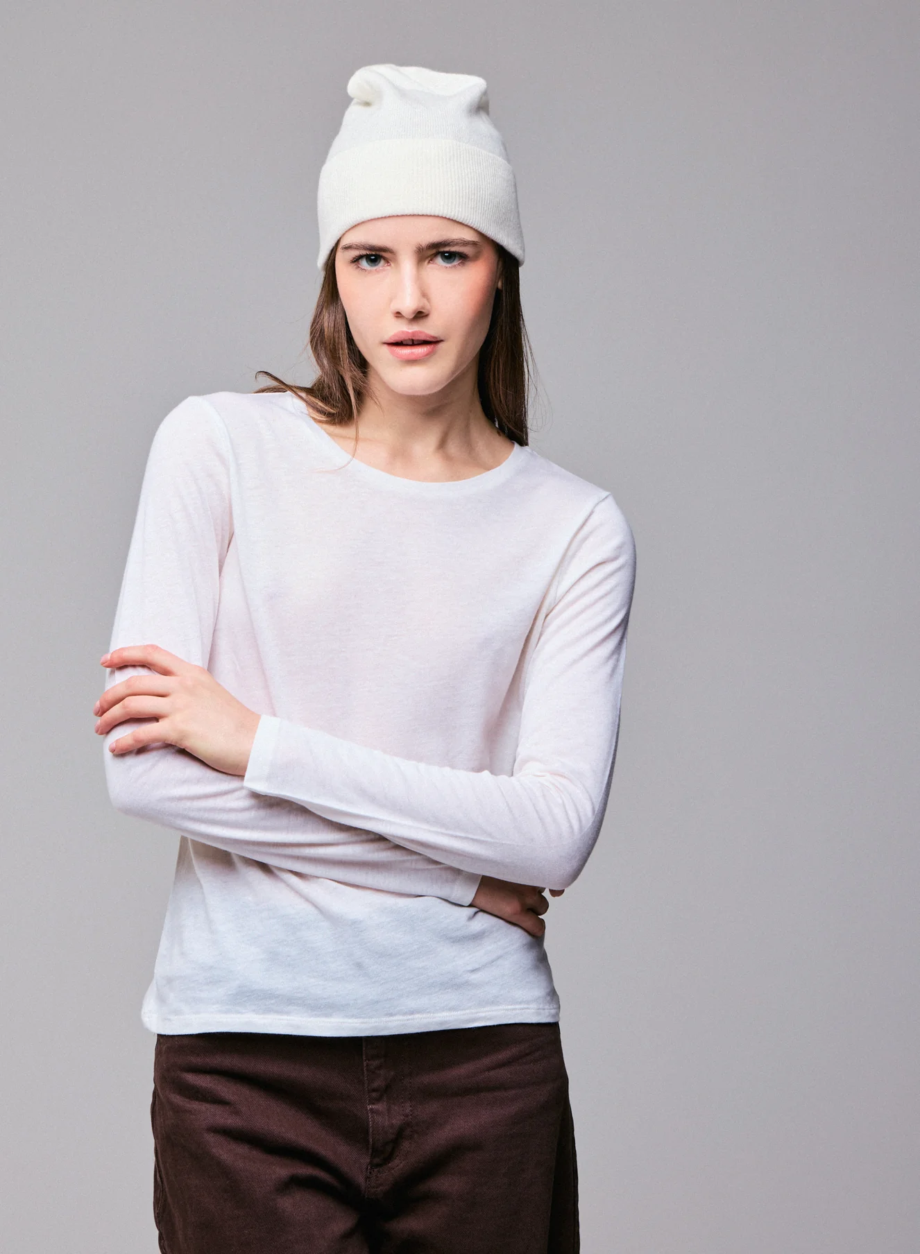 T-shirt Blanc Col Rond Manches Longues en Coton Organique et Cachemire