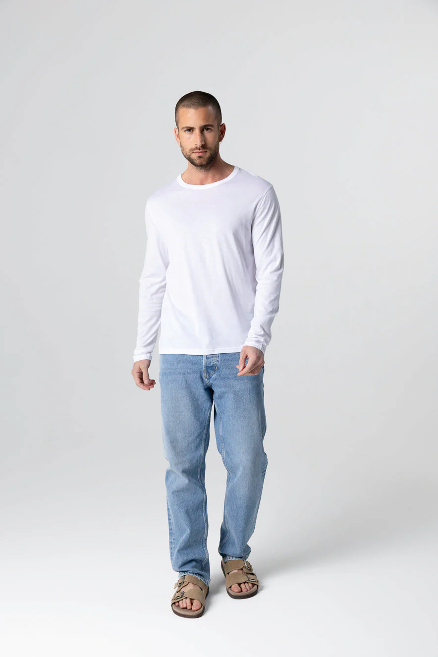 T-shirt Blanc Col Rond Manches Longues en Coton Supima