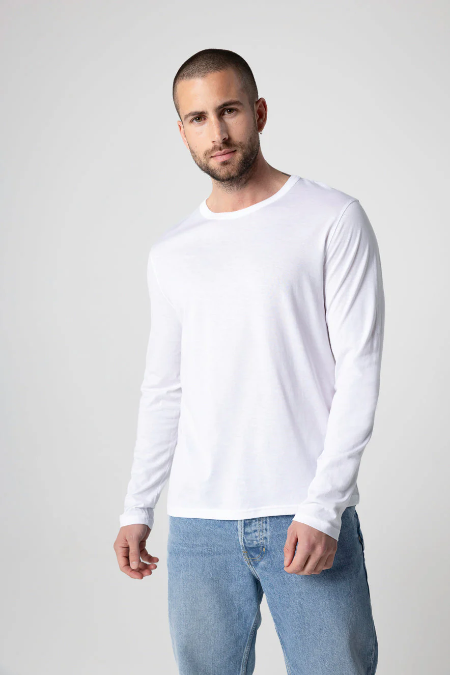 T-shirt Blanc Col Rond Manches Longues en Coton Supima - Image 2