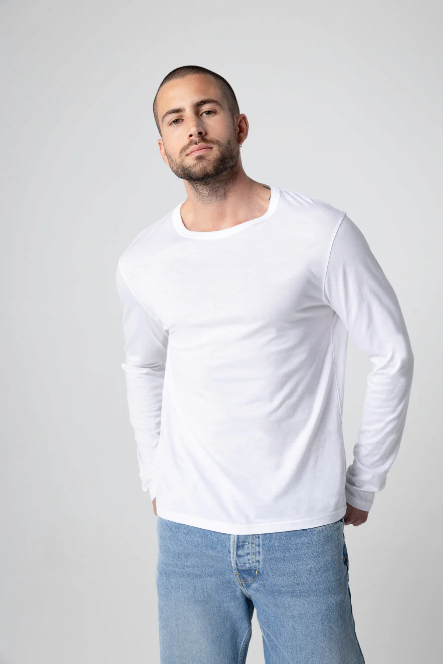 T-shirt Blanc Col Rond Manches Longues en Coton Supima - Image 5