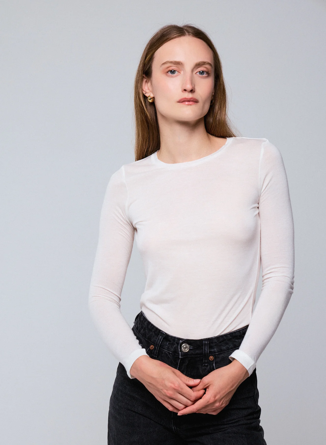 T-shirt Blanc Col Rond Manches Longues en Viscose / Cachemire