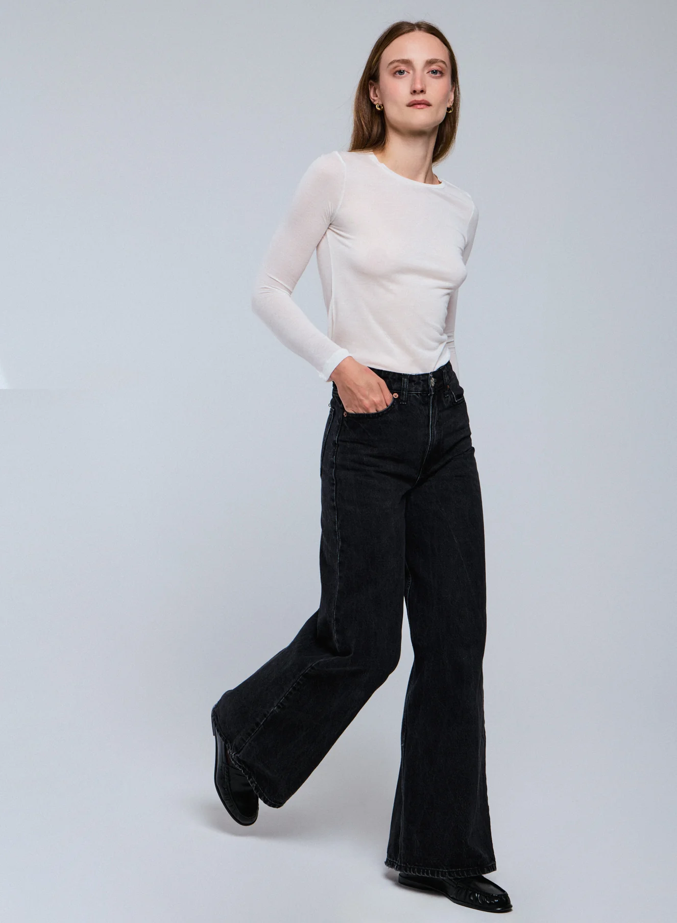 T-shirt Blanc Col Rond Manches Longues en Viscose / Cachemire - Image 4