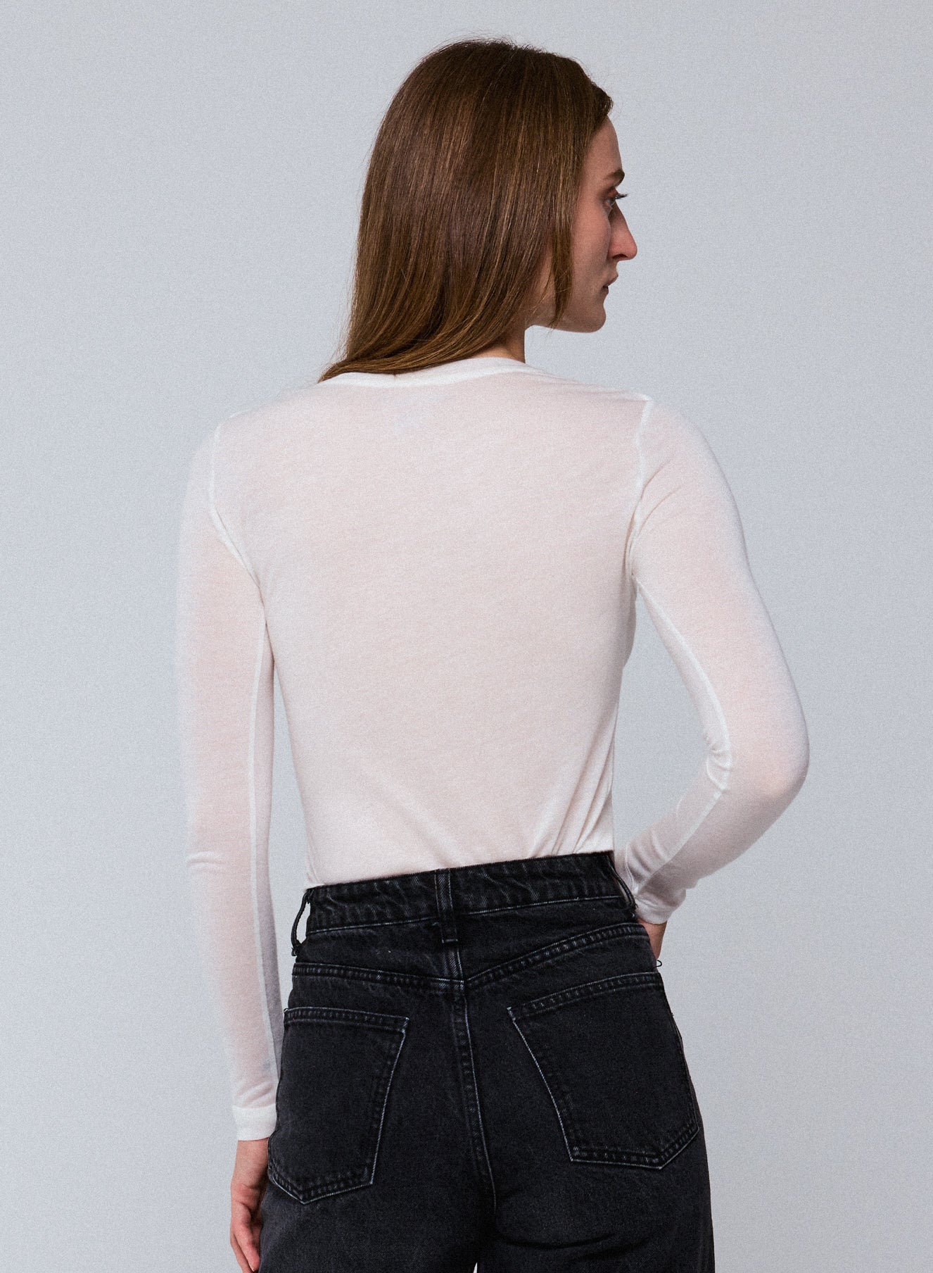 T-shirt Blanc Col Rond Manches Longues en Viscose / Cachemire - Image 5