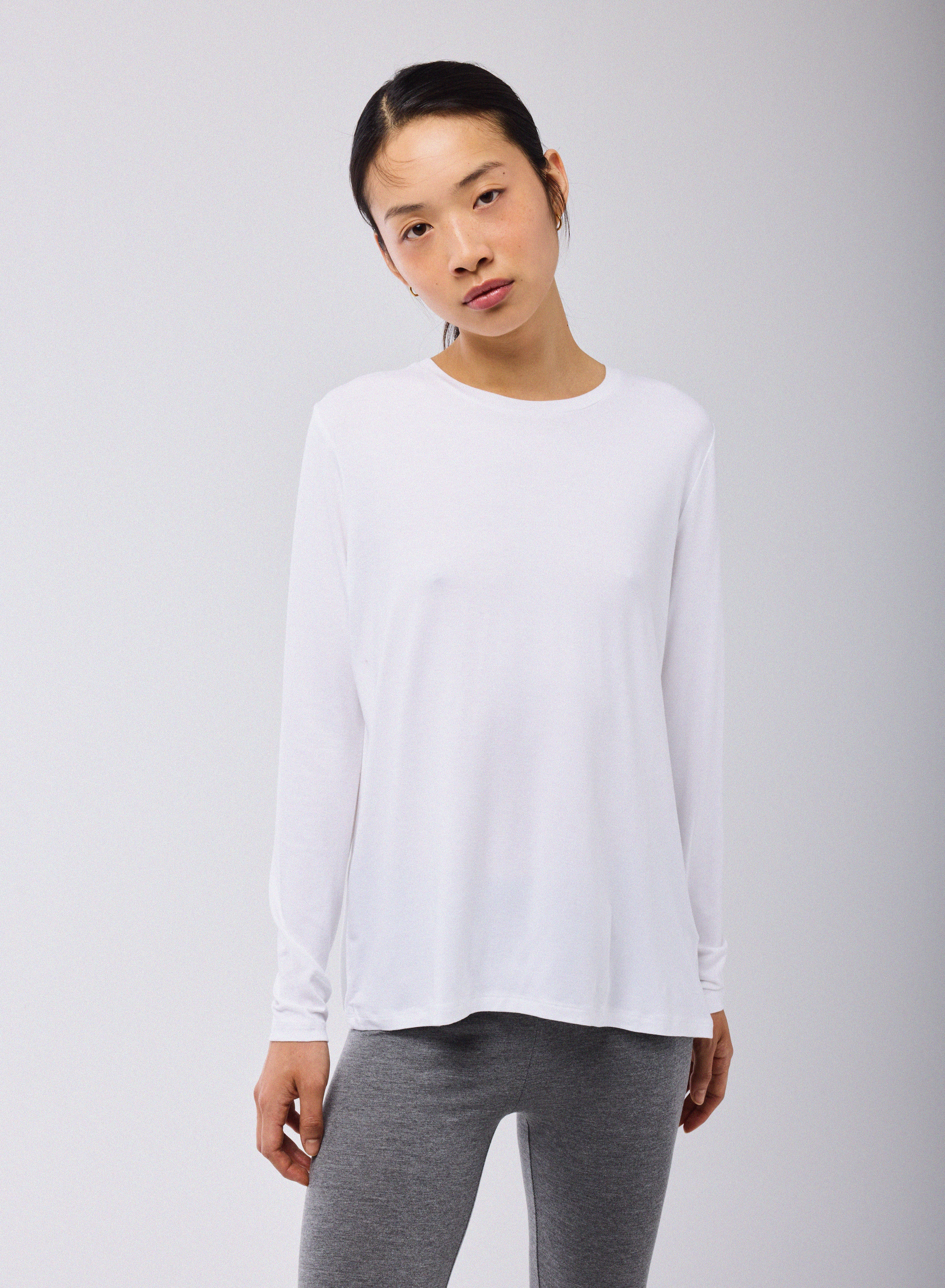 T-shirt Blanc Col Rond Manches Longues en Viscose / Elasthanne