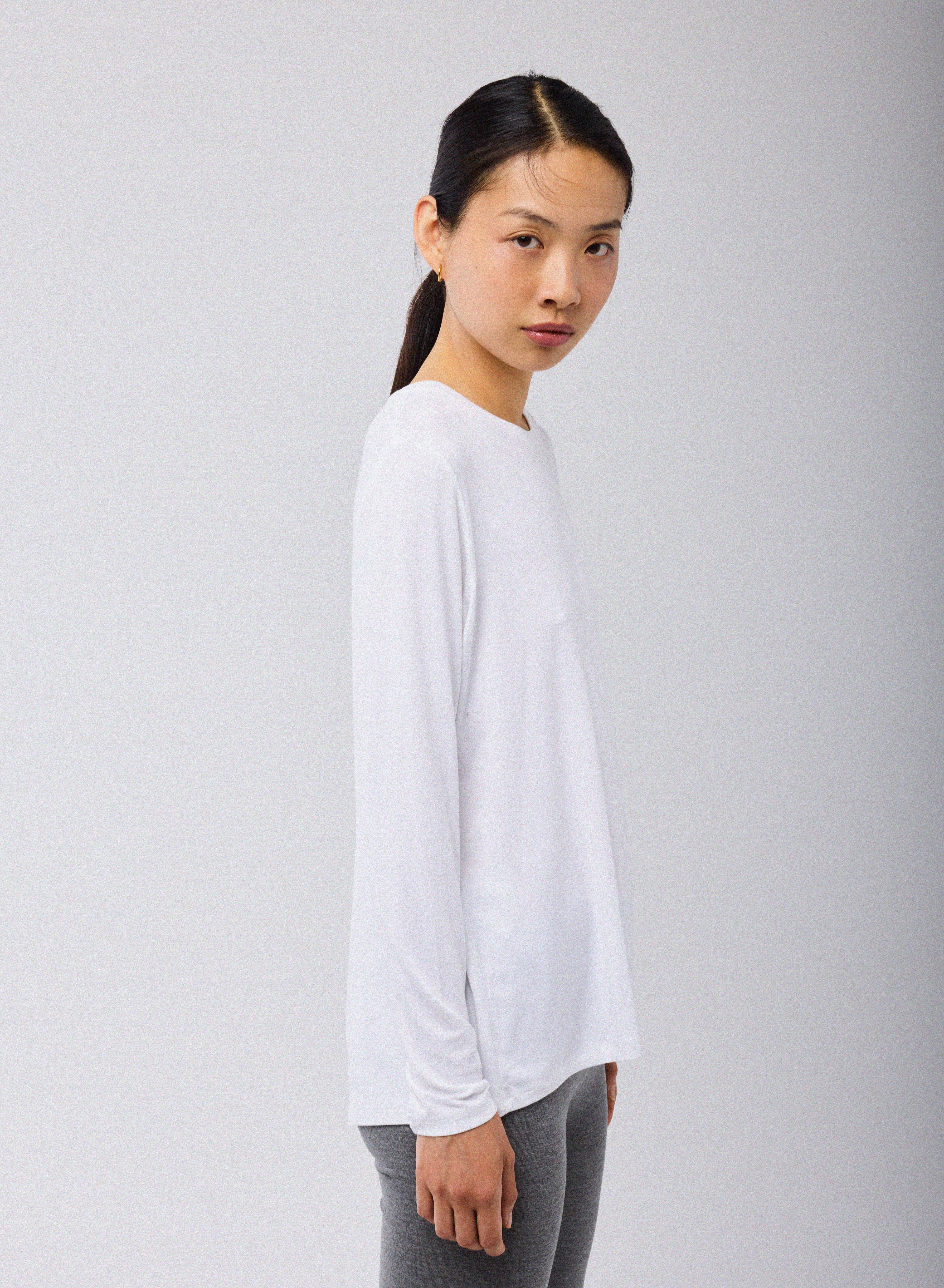 T-shirt Blanc Col Rond Manches Longues en Viscose / Elasthanne - Image 3