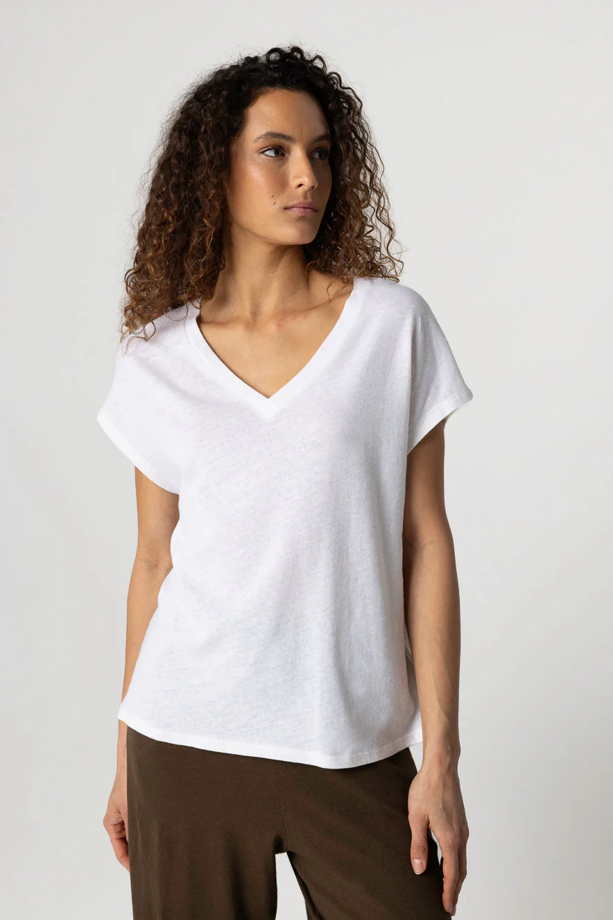 T-shirt Milk Col V Manches Courtes en Coton / Lin