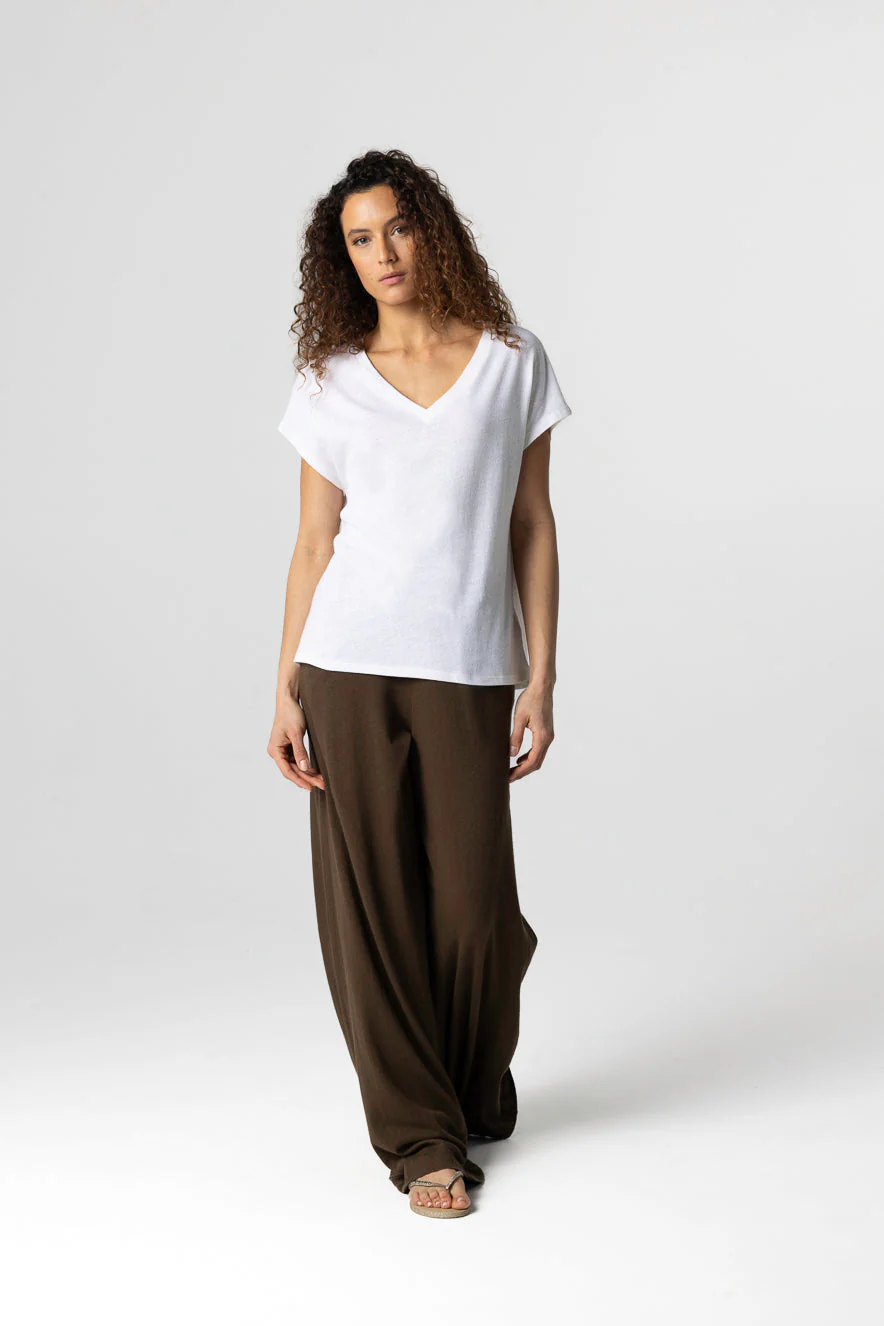 T-shirt Milk Col V Manches Courtes en Coton / Lin - Image 2