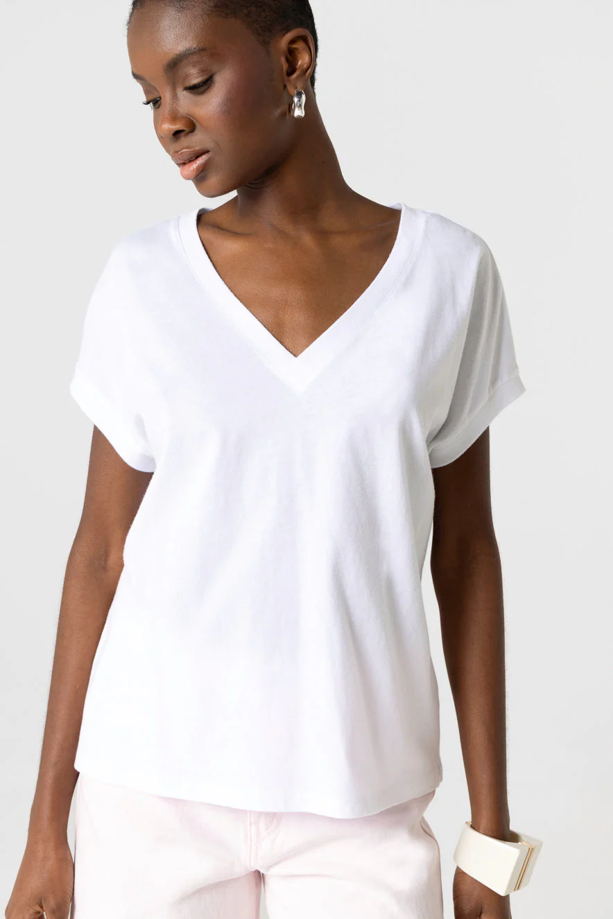 T-shirt Blanc Col V Manches Courtes en Coton Organique